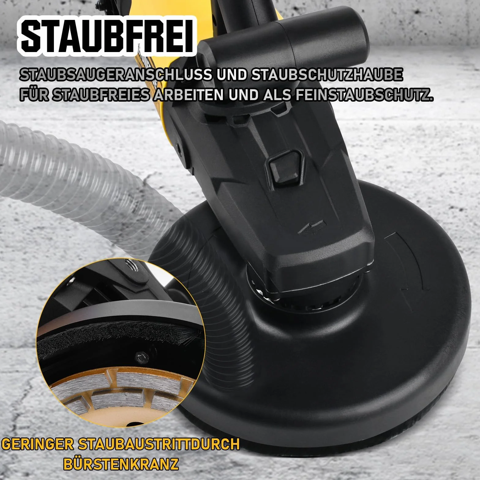 Frezarka do betonu 3800 W z diamentową głowicą szlifierską 180 mm, okapem odsysającym, 6 biegów, 6000 obr./min