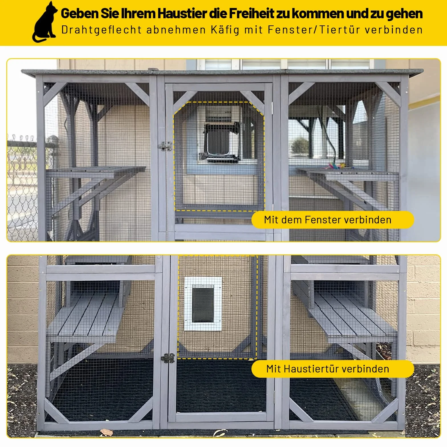 Catio Kitty Zewnętrzny domek dla kota, wybieg z bardzo dużymi drzwiami wejściowymi, drewniana klatka dla kota, kojec do mieszkania z platformami i małym domkiem