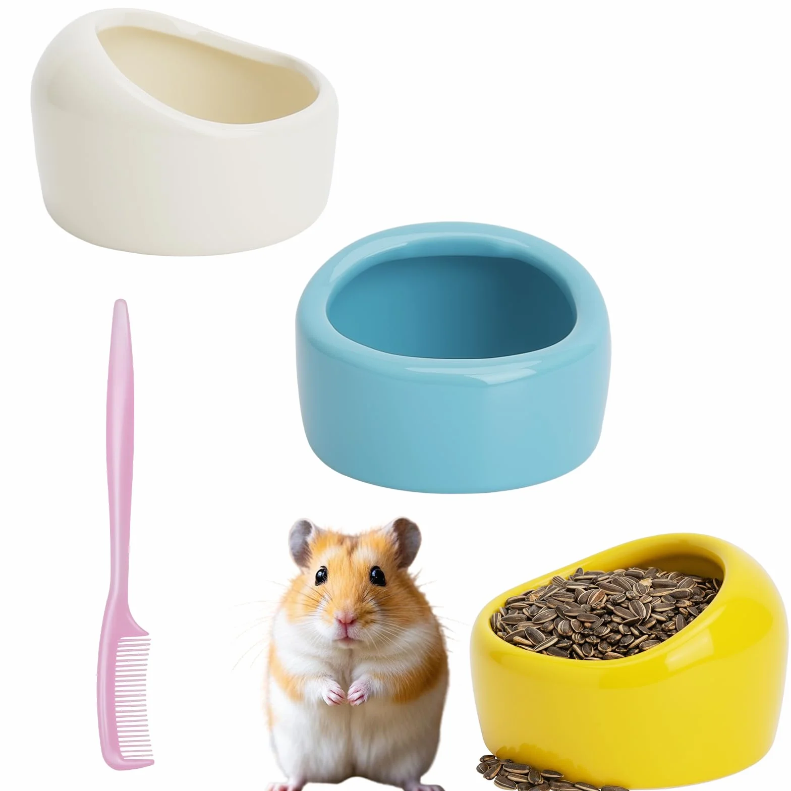3 sztuki trójkolorowych misek dla chomików, chomików, ceramicznych misek na karmę, małe zwierzęta, ceramiczna miska na wodę dla świnek morskich, myszosek, papug, ptaków, ze szczotką do czyszczenia