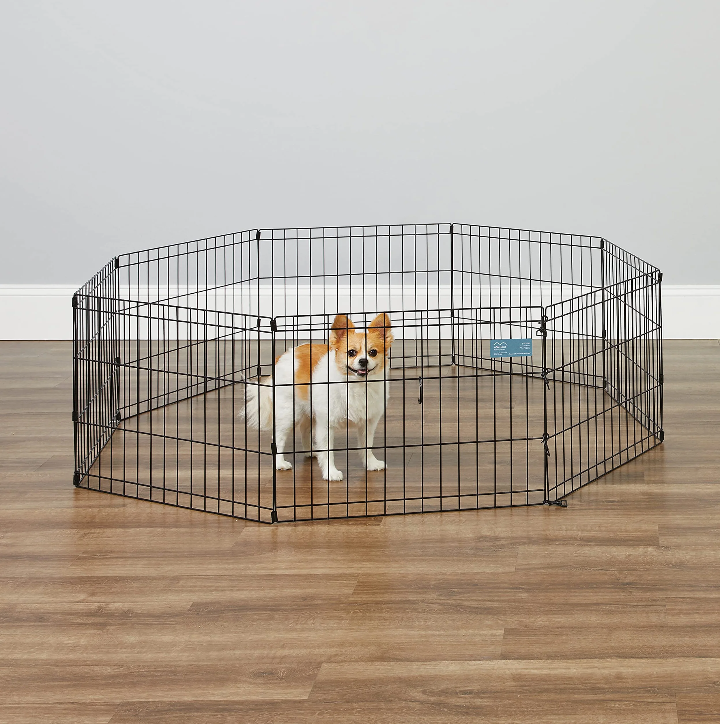 MidWest Homes for Pets Składany metalowy kojec do ćwiczeń dla psów i kojec dla zwierząt domowych bez drzwi, zawiera kołki uziemiające i zapewnia 1,5 metra przestrzeni do zabawy, wysokość 46 cm, czarna