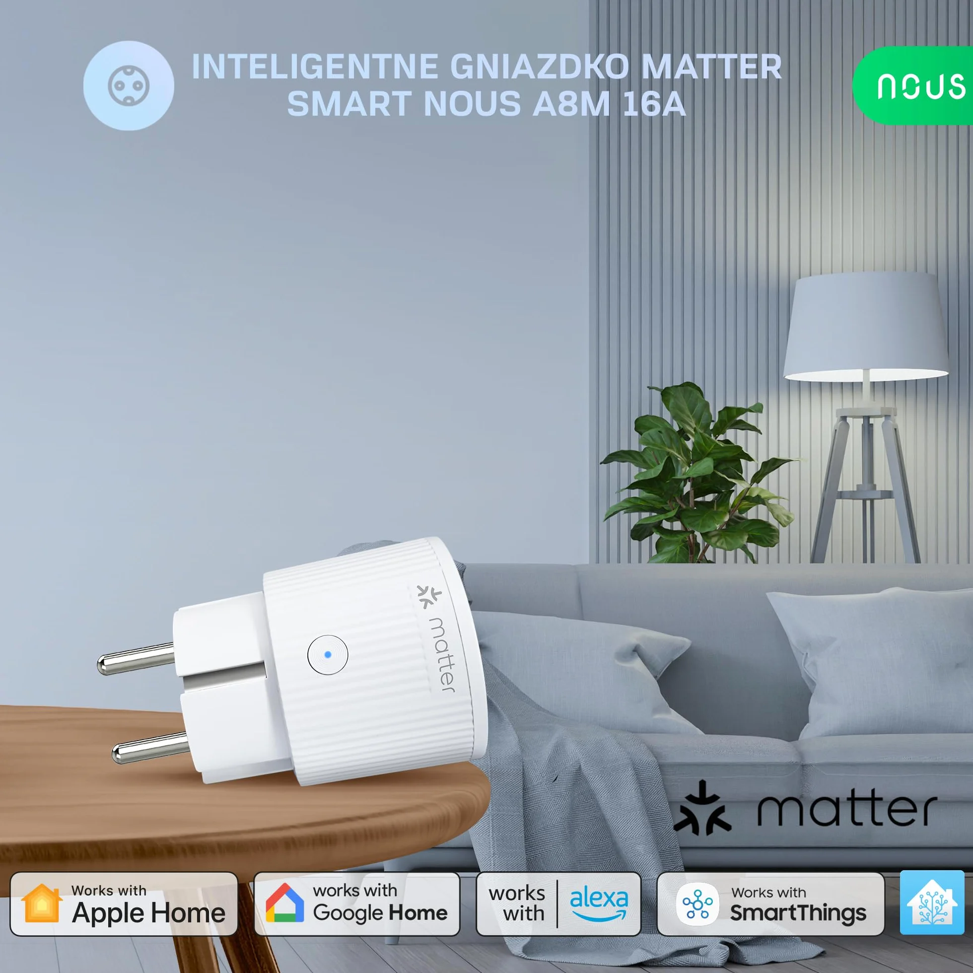 NOUS Matter Inteligentne Gniazdko z Pomiarem Zużycia Energii, Gniazdko WiFi, 16 A 3840 W, Kompatybilne z Alexa, Google Home, Tuya, Apple Home, Smart Things, WiFi 2,4 GHz, Pack of 4