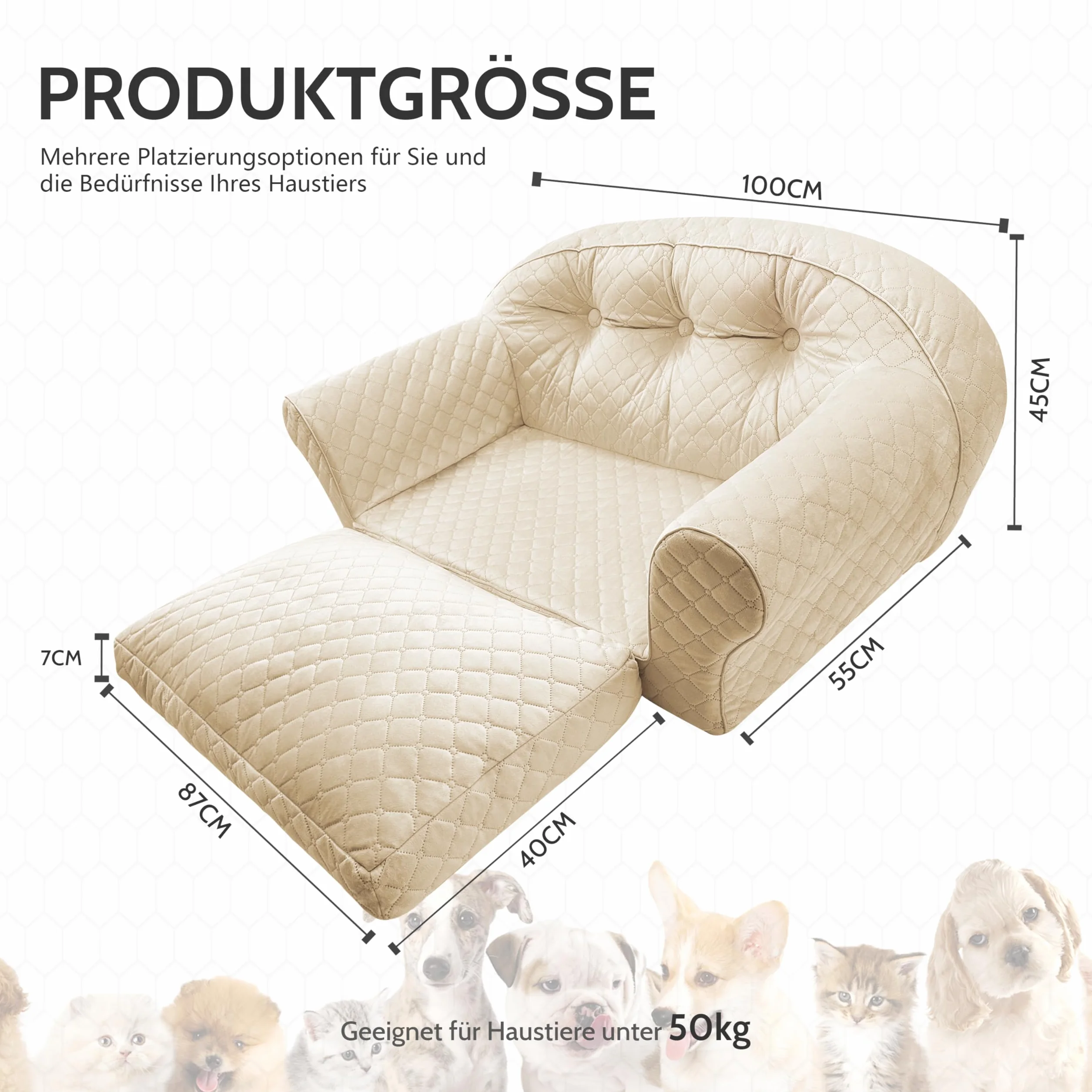 Sofa dla średnich i dużych psów, dł. 100 x 45 x 55 cm, z gąbki i aksamitu, luksusowa sofa, nowoczesna, flanelowa sofa