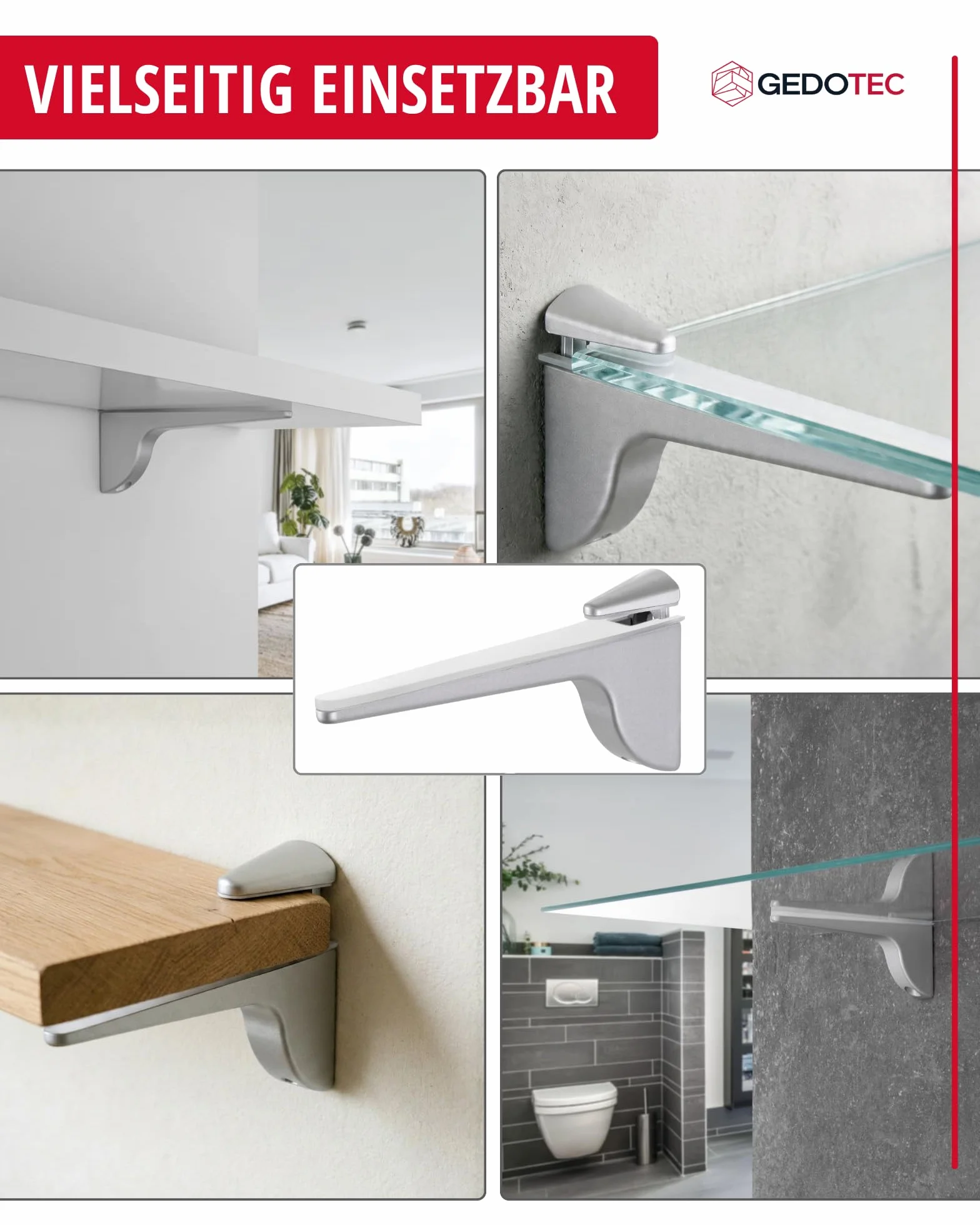 Gedotec Design szklana podpórka do regału – srebrny aluminium | 2 sztuki - podpórka do regału o dużej nośności | PINOCCHIO | Metalowa półka naścienna | Podpórka do półki o dużej nośności z nośnością