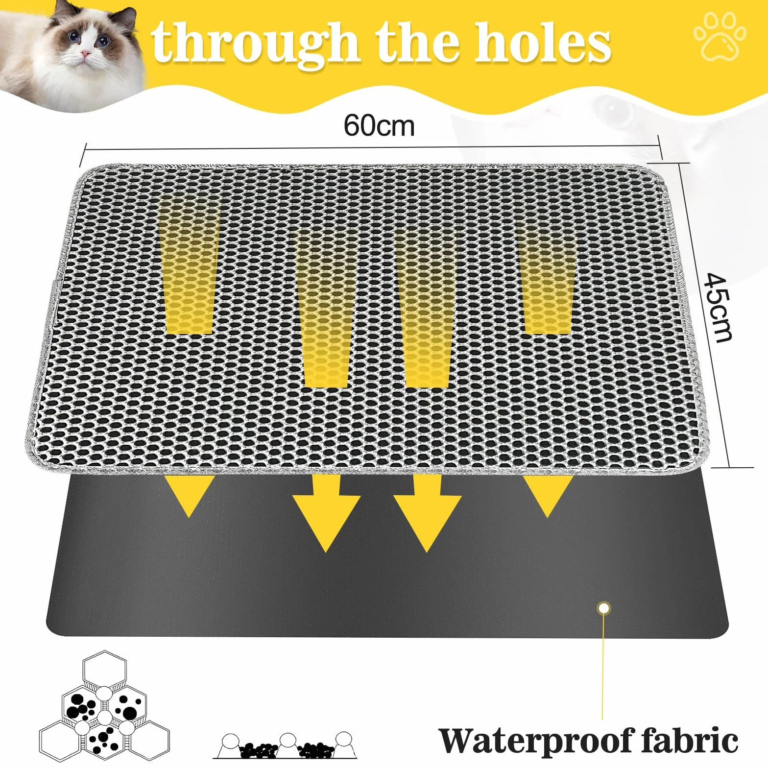 Katzenklo Matte 60x45 CM mit Klettverschluss und Großes Loch Design, Katzenstreu Matte Doppelte Wasserdichte und Rutschfeste, Katzenmatte Katzenklo Ungiftiges Material, Cat Litter Mat Grau