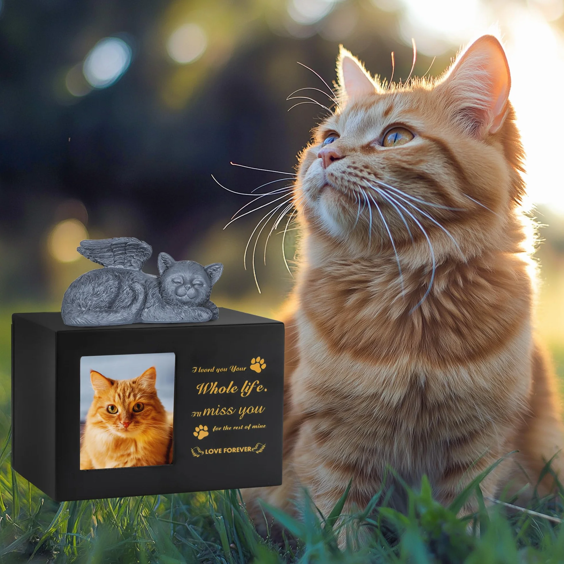 Pet Urns for Cat, Pet Memory Box, Black Wooden Cat Urns for Ashes, w zestawie z figurką kota z żywicy i aksamitną torbą do przechowywania prochów