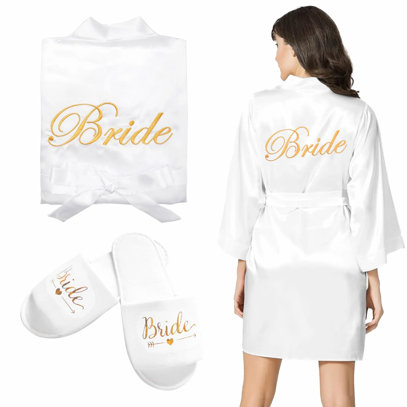 Bride szlafrok damski, szlafrok kąpielowy, satynowy, kimono z dekoltem w kształcie litery V, bielizna nocna z kapciami na wesele, dekoracja imprezowa
