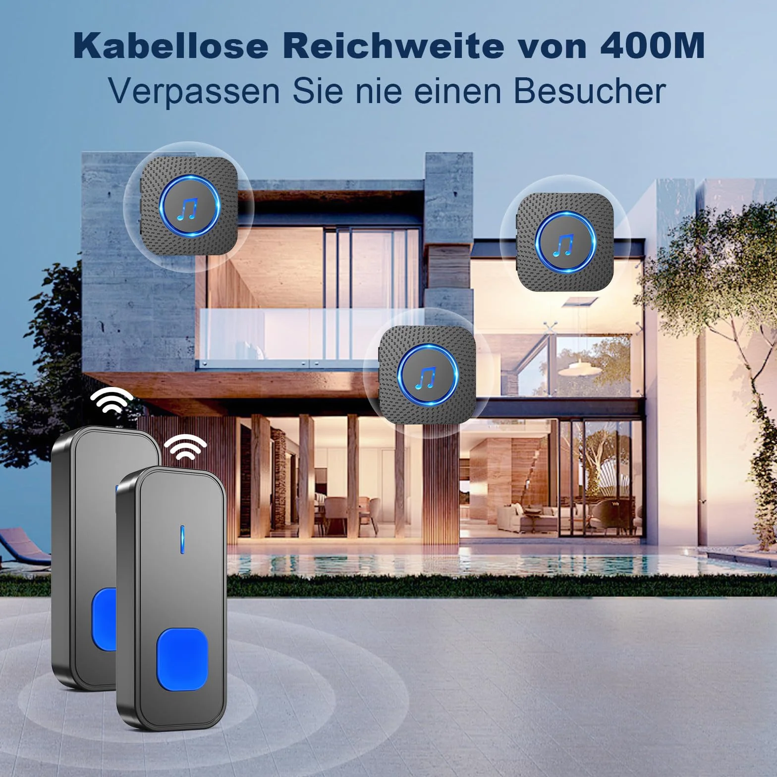 SURFOU Bezprzewodowy dzwonek do drzwi, zasięg 400 m, wodoszczelny, elektroniczny dzwonek do drzwi wejściowych z 3 odbiornikami plug-in i 2 nadajnikami o 5 poziomach głośności, 55 melodii, czarny