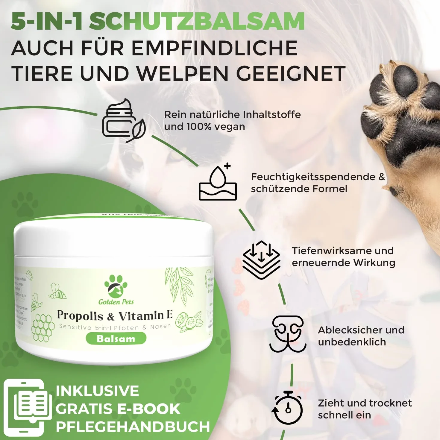 Golden Pets Balsam do łap dla psów i kotów – bardziej miękkie łapy i kompleksowa ochrona – 100% naturalny – maść na łapy, pielęgnacja łap, ochrona łap, balsam do nosa z propolisem i witaminą E