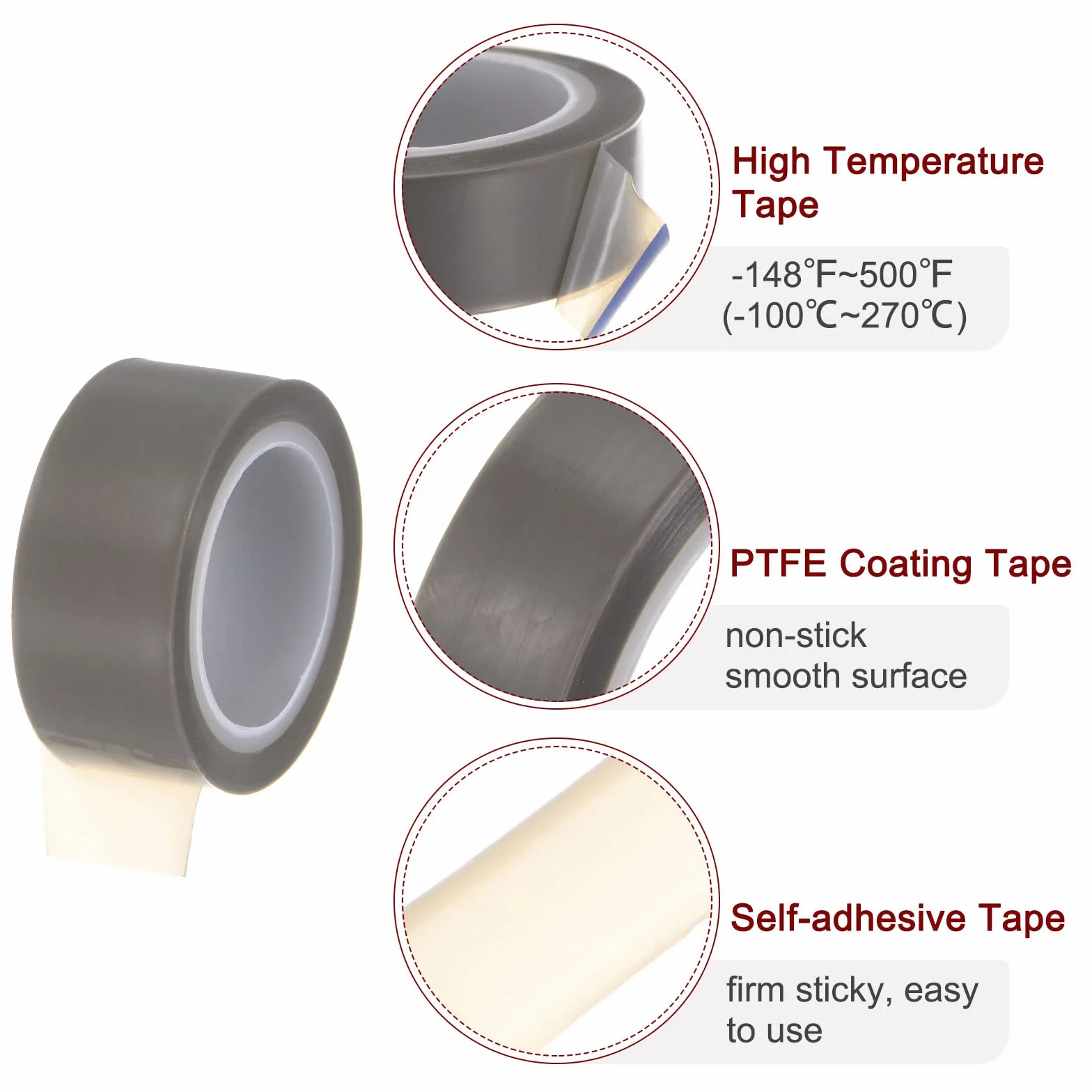 sourcing map PTFE Film Ribbon Roll, 0,8" x 33 Stopy Wysoka Temperatura Taśma 0,06mm Grubość z pojedynczej strony klej do uszczelniania próżniowego, Podręczniki Zgrzewarki uszczelniające, Szary