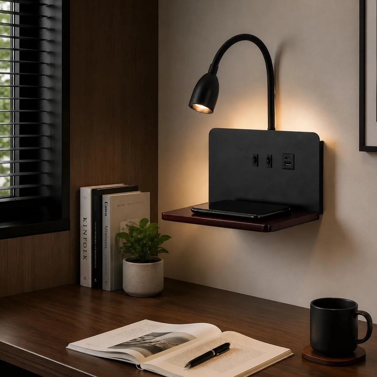 lampa ścienna LED do wnętrz z wtyczką, lampa ścienna do sypialni z portami USB i bezprzewodową ładowarką, regulowana i elastyczna lampa do czytania z gęsią szyją, lampka nocna 3000 K z podświetleniem