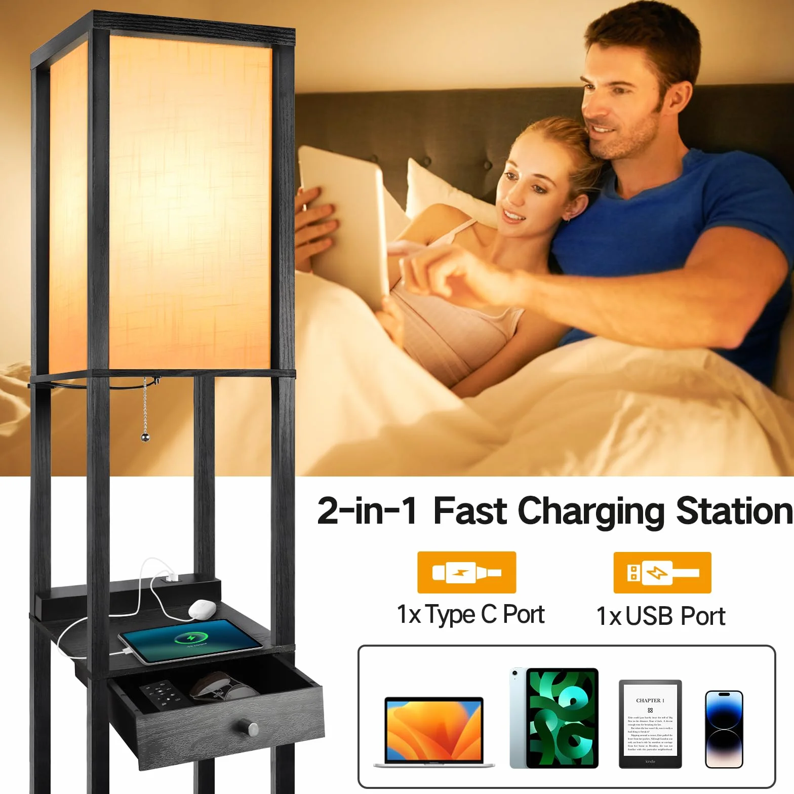 OUTON Lampa stojąca LED z szufladą, 3 temperatury barwowe, lampa stojąca z 2 portami USB, lampy stojące do salonu, sypialni, biura (czarna)