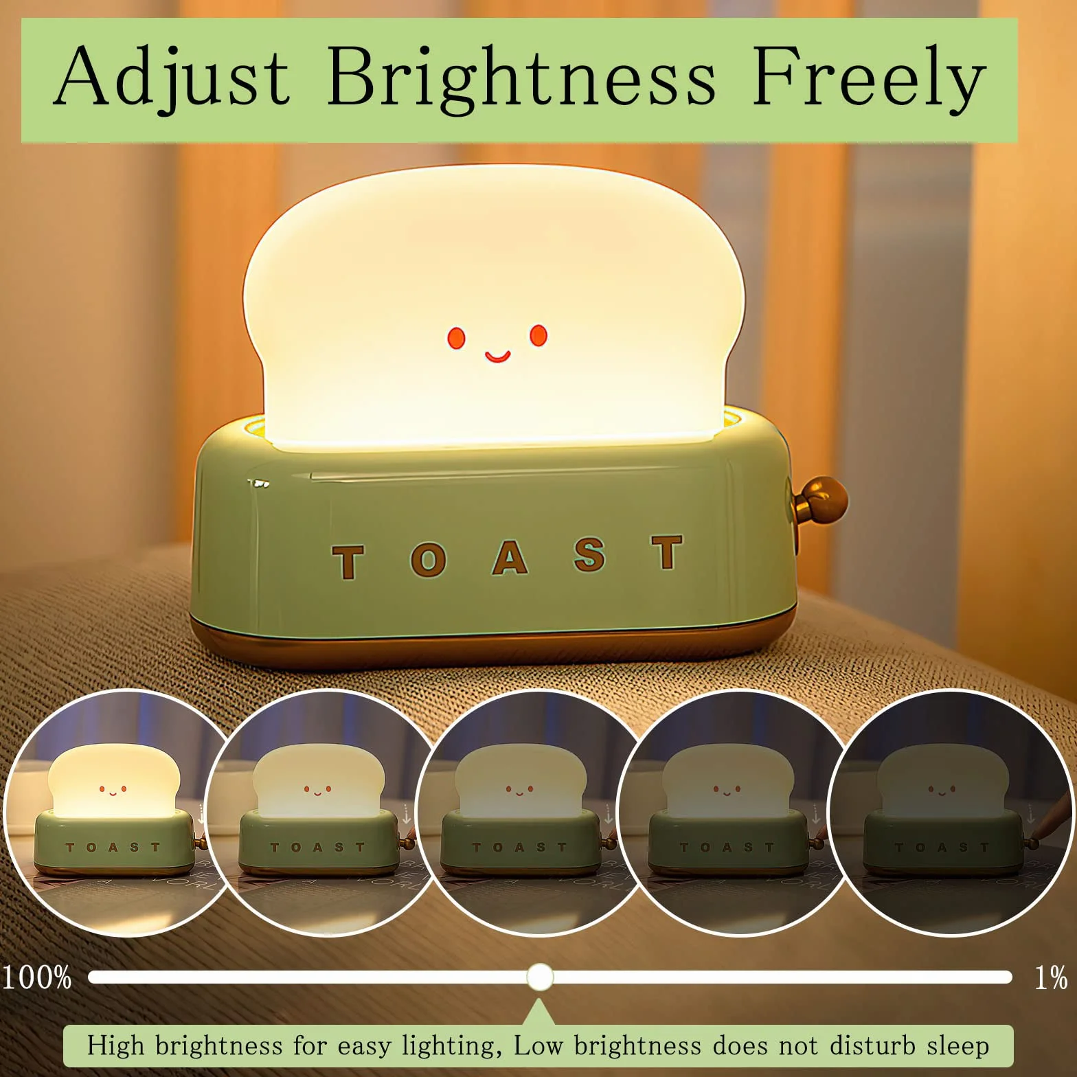 TNSLAND Toast Lampka Nocna dla Dzieci, Kawaii LED z Timerem, do Pokoju Dziecięcego, Ładowana przez USB, dla Niemowląt, do Karmienia, Uśmiech