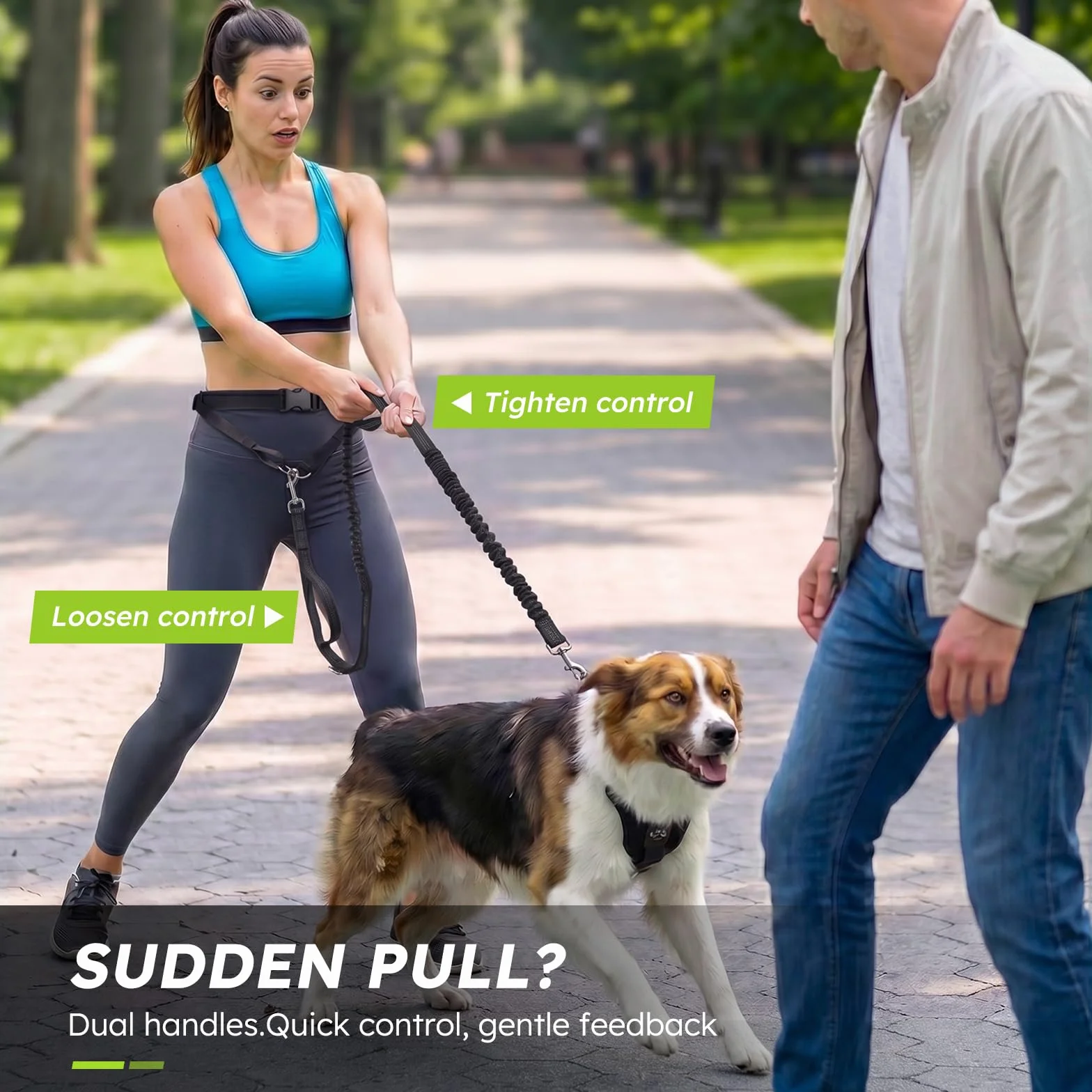 Pecute Smycz dla psa bez użycia rąk do 110kg Absorpcja wstrząsów, wygodna, odblaskowa szwy, idealna do biegania, joggingu i chodzenia (biała)