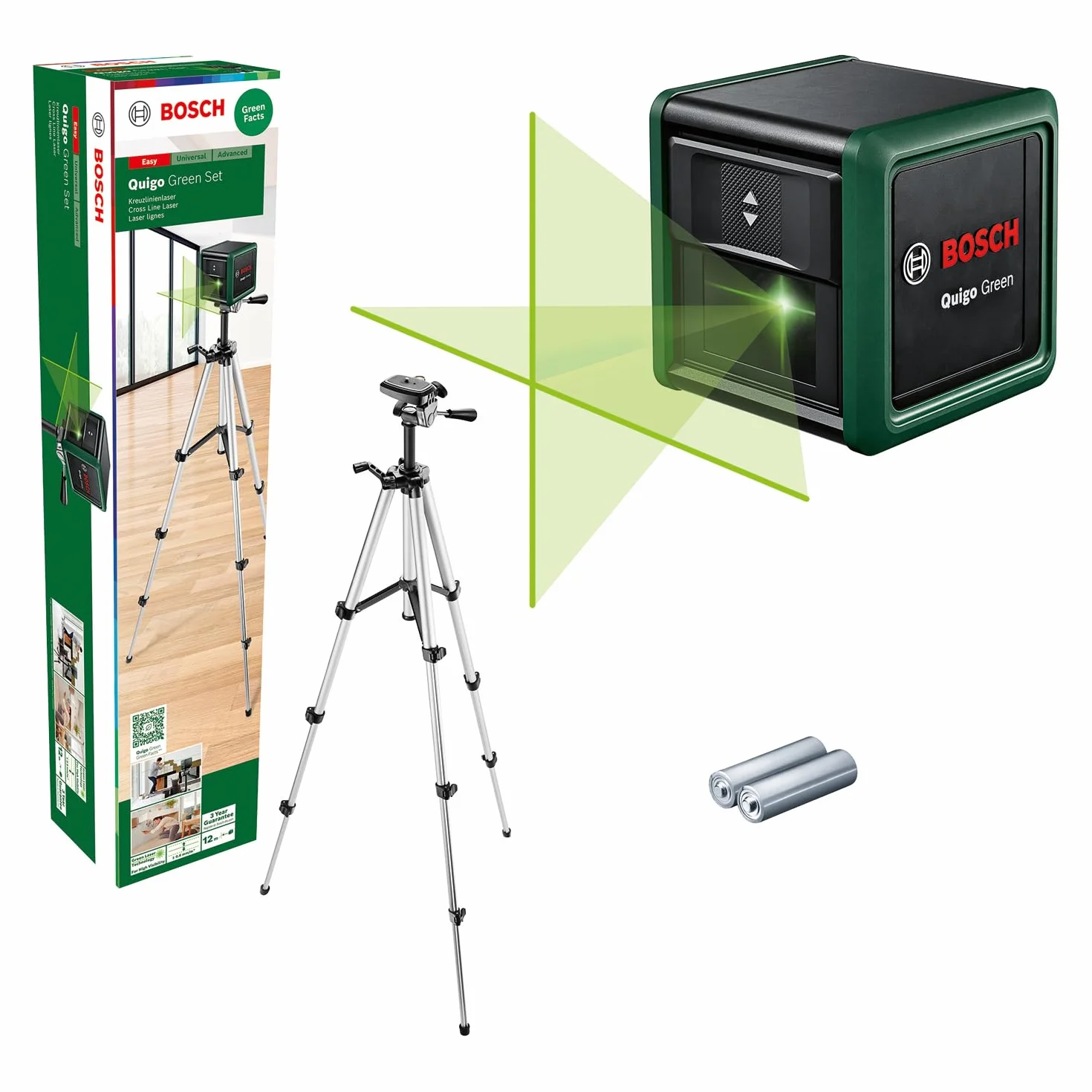 Bosch Home And Garden Laser Krzyżowy Quigo Green ze Statywem (Łatwe i Precyzyjne Wyrównywanie Elementów Dzięki Zastosowaniu Zielonej Wiązki Lasera o optymalnej Widoczności, Opakowanie Kartonowe)