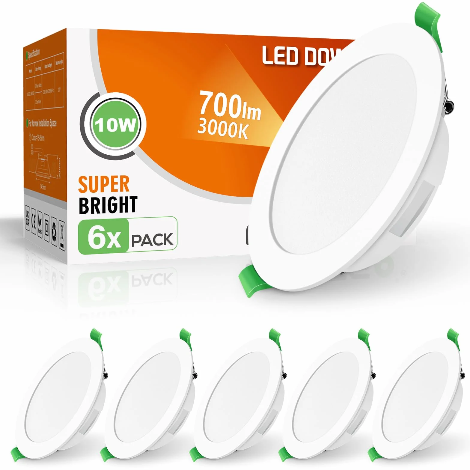 ALUSSO 6 sztuk bardzo płaskich, wpuszczanych reflektorów LED, 10 W, 230 V, 700 lm, ciepła biel, 3000 K, głębokość montażu 30 mm, IP44, do łazienki, salonu, kuchni