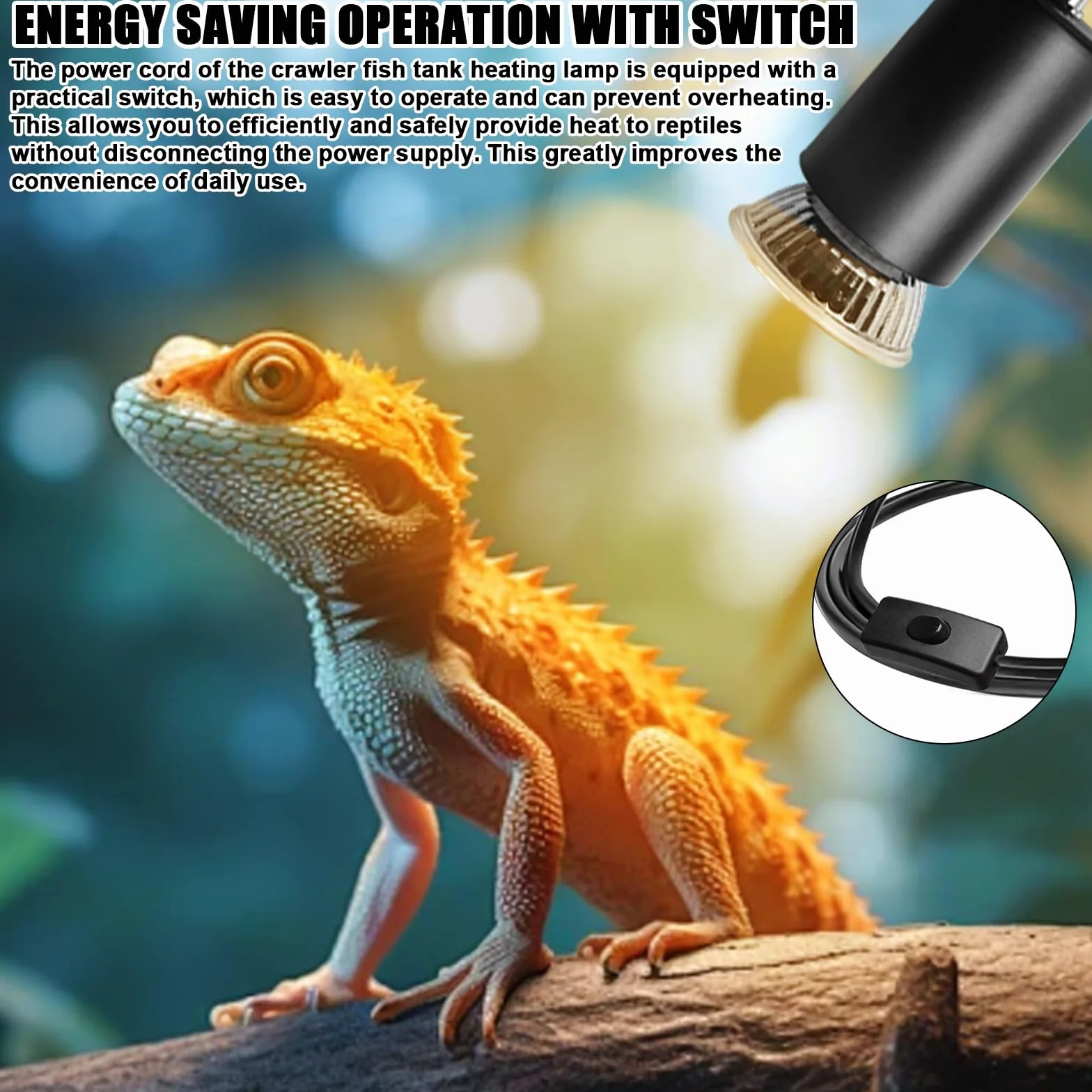 GBKDQQ Lampa grzewcza dla gadów 200 W z inteligentną regulacją temperatury, E27 lampa grzewcza do terrarium, obracany o 360°, lampa do terrarium, dla żółwi, węży, jaszczurek