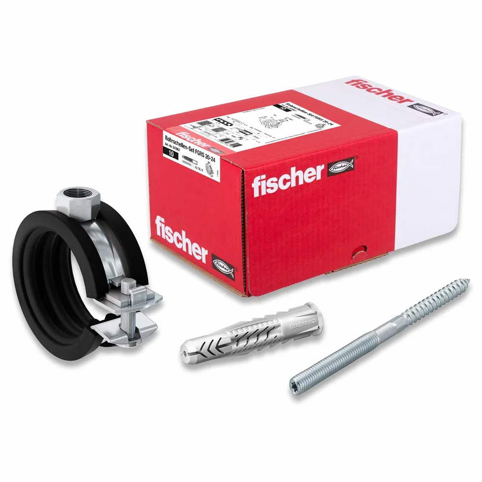 fischer Zestaw obejm rurowych FGRS 20-24 gvz, obejmy rurowe z 30 częściami: 10 szt. obejmy rurowe FGRS 20-24,10 szt. śruba trzpieniowa STST8 x 80,10 szt. kołki uniwersalne UX10x60, nr art. 547057,