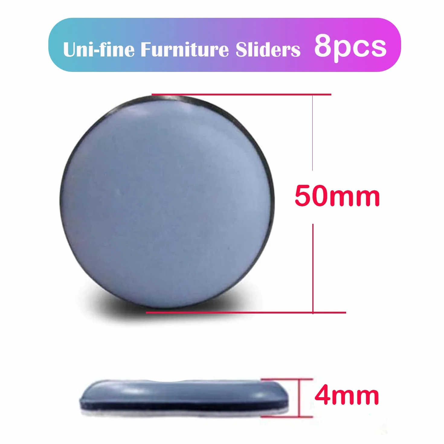 Uni-Fine 50 mm teflonowe ślizgacze meblowe, 8 sztuk, ślizgacze meblowe, PTFE do mebli teflonowych, samoprzylepne, na krzesło, sofę, do biura i stołu, okrągłe