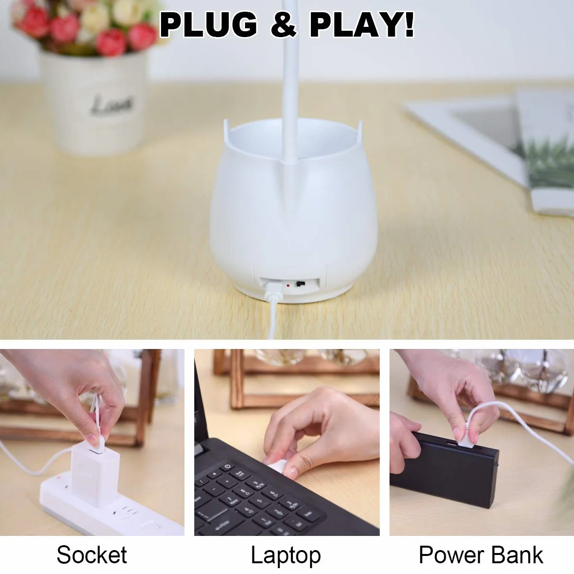 URAQT Lampy na Biurko, Lampa Stołowa LED z Pojemnikiem na Długopis, 4 W, elastyczna lampa do czytania, 3 tryby oświetlenia, sterowanie dotykowe, ładowanie USB, ściemniane przyjazne dla oczu lampy biurkowe do pracy i nauki