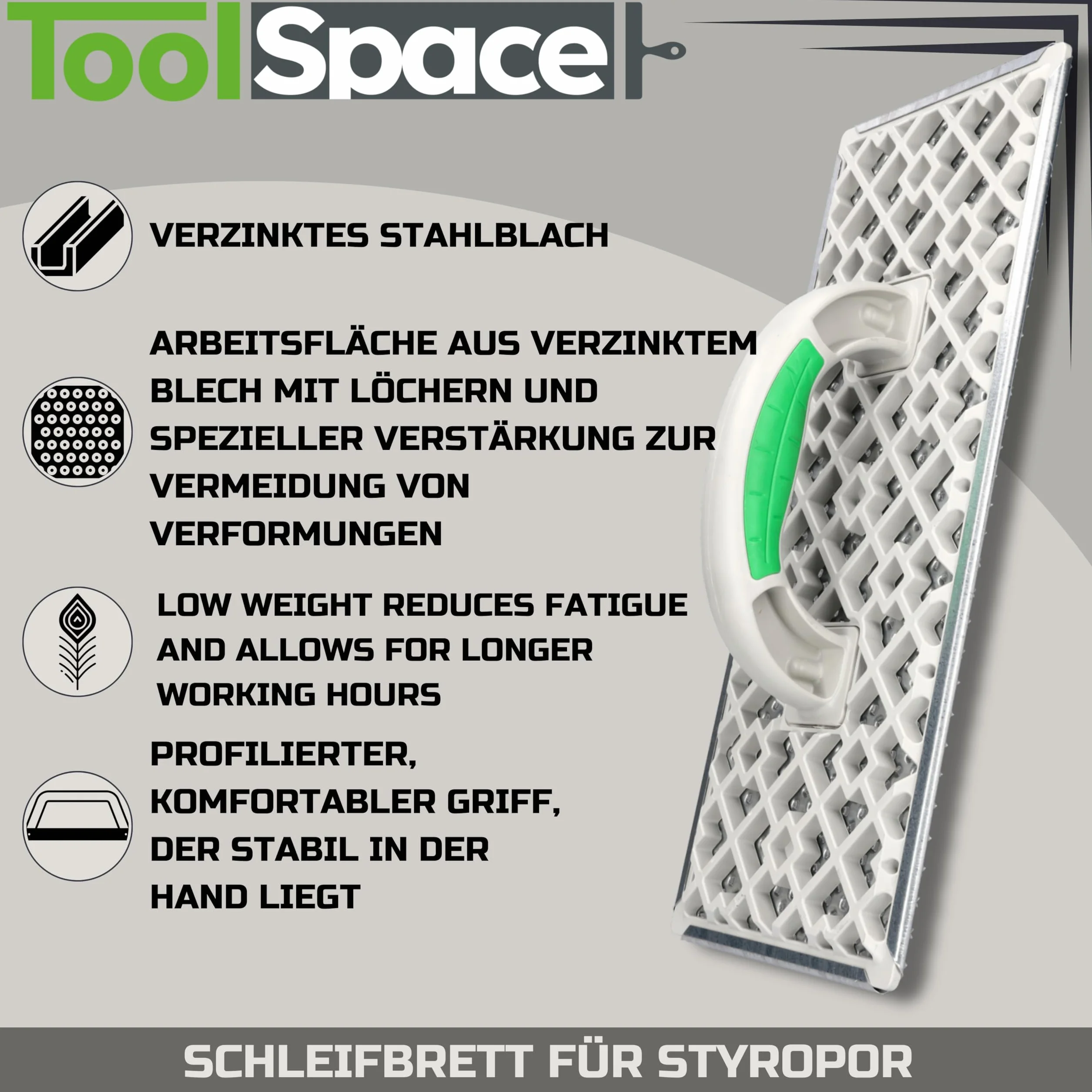 ToolSpace Profesjonalna Paca Szlifierska do Styropianu – Tarka Przelotowa 160x380 mm – Ręczna Paca do Szlifowania i Obróbki Styropianu – Wykonana z Ocynkowanej Stali - Odporna – Uchwyt Ergonomiczny