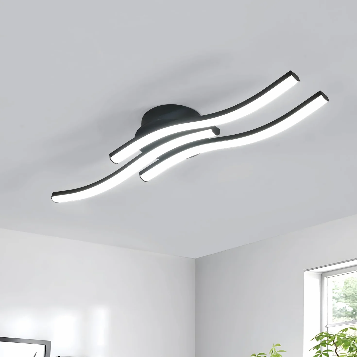 Comely Plafon LED, 3 Fale Design 20W 2050LM Zimna Biel 6500K Nowoczesna Lampa Sufitowa, Czarna Oprawa Sufitowa Do Salonu, Sypialni, Kuchni, Korytarza, Czarny