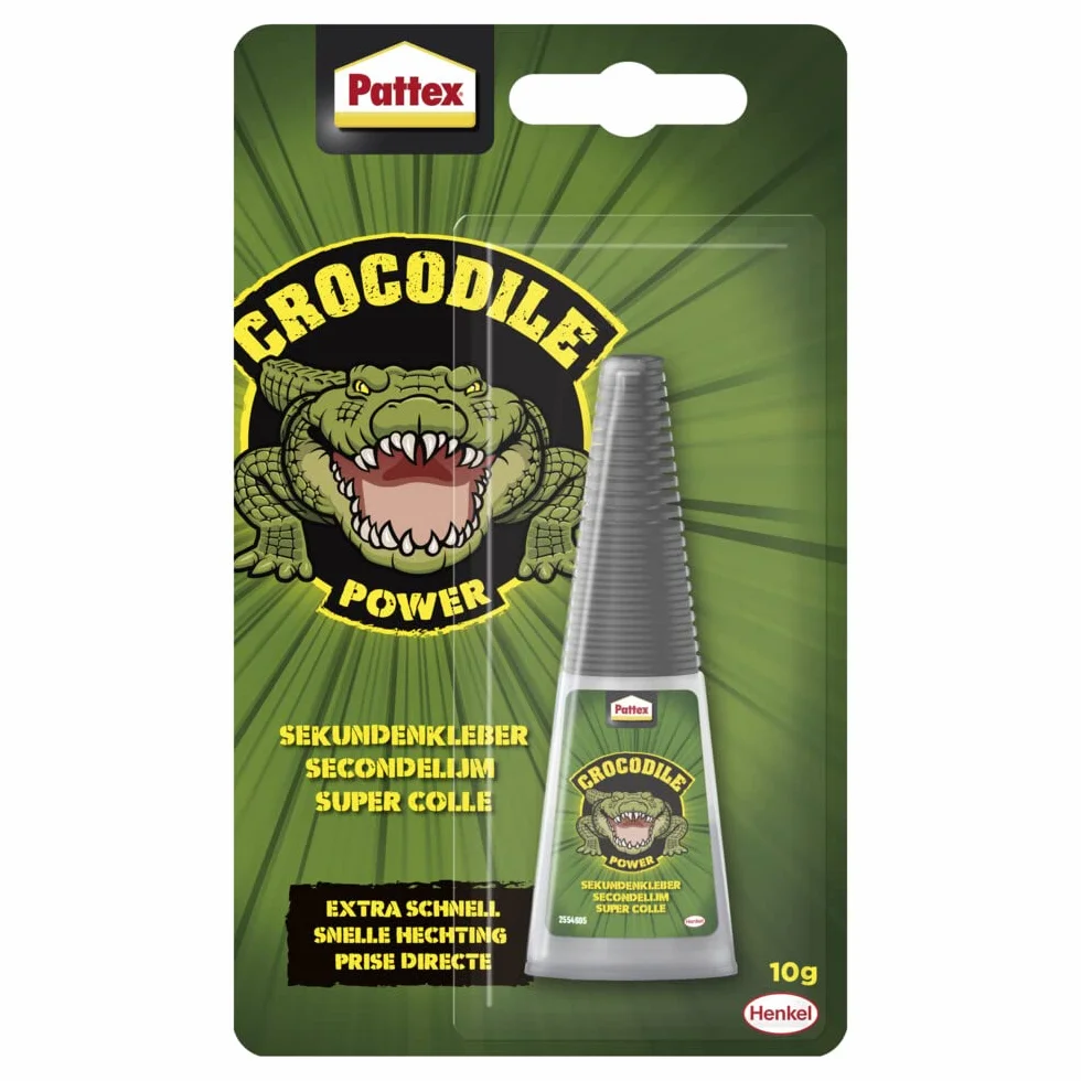 Pattex Crocodile Power Klej błyskawiczny, bardzo mocny superklej, szybkoschnący klej uniwersalny do metalu, drewna i wielu innych, wodoodporny i przezroczysty, 1 x 10 g
