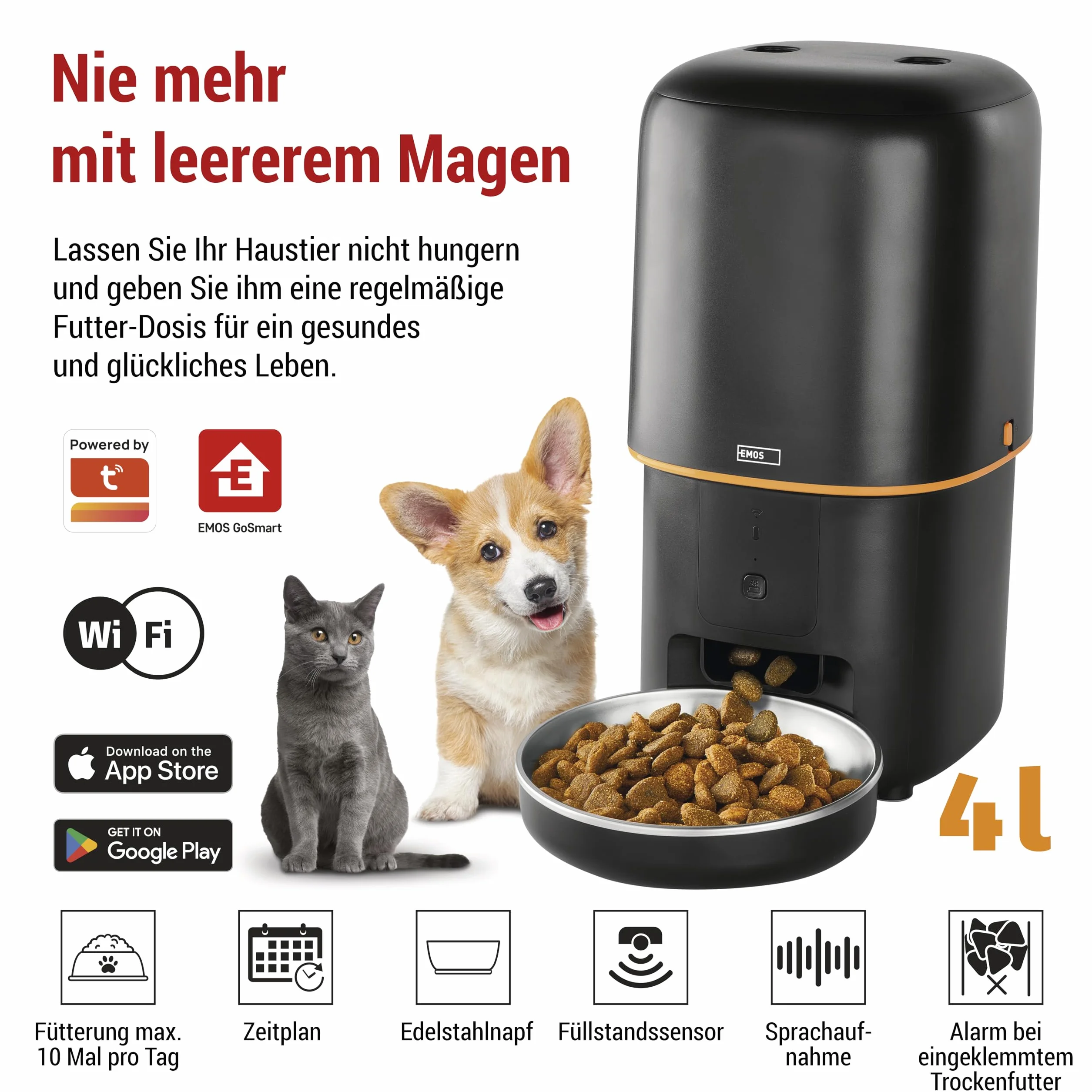 EMOS - GoSmart automat do karmy 4 l – WLAN Pet Care dozownik karmy z aplikacją – automat do suchej karmy dla kotów i psów z harmonogramem, nagrywanie głosu, dozowanie 1-10 posiłków dziennie - czarny