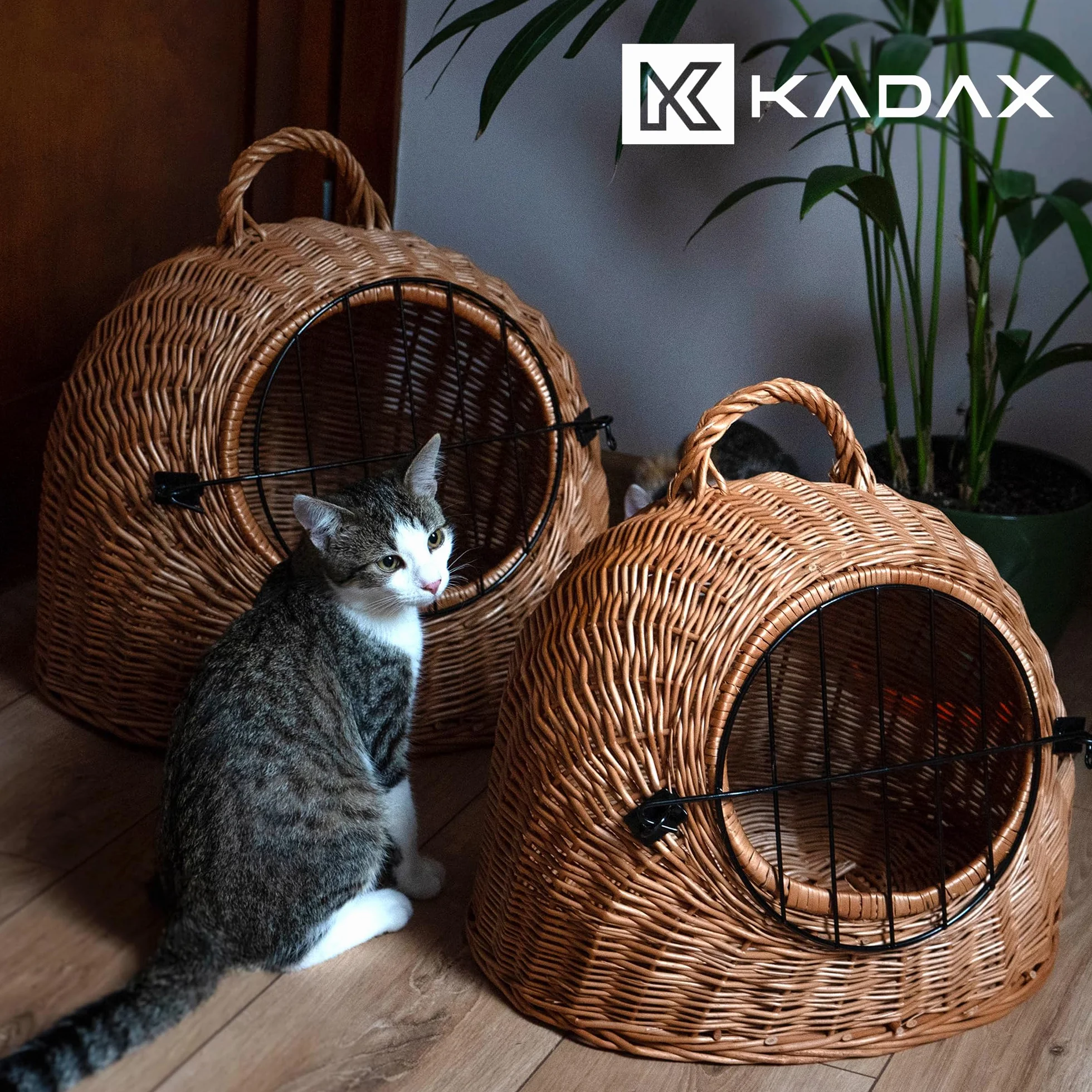 KADAX Transporter wiklinowy dla kota 40x49cm, drzwiczki z zamknięciem, wygodny uchwyt, bezpieczne przewożenie i odpoczynek małych zwierząt w domu i w podróży