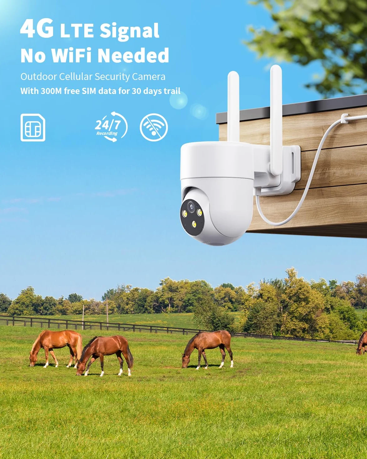 4G LTE kamera monitoringowa zewnętrzna z kartą SIM, 2K 360° PTZ IP kamera zewnętrzna, rozpoznawanie osób AI i 2-drożne audio, wodoszczelność IP66