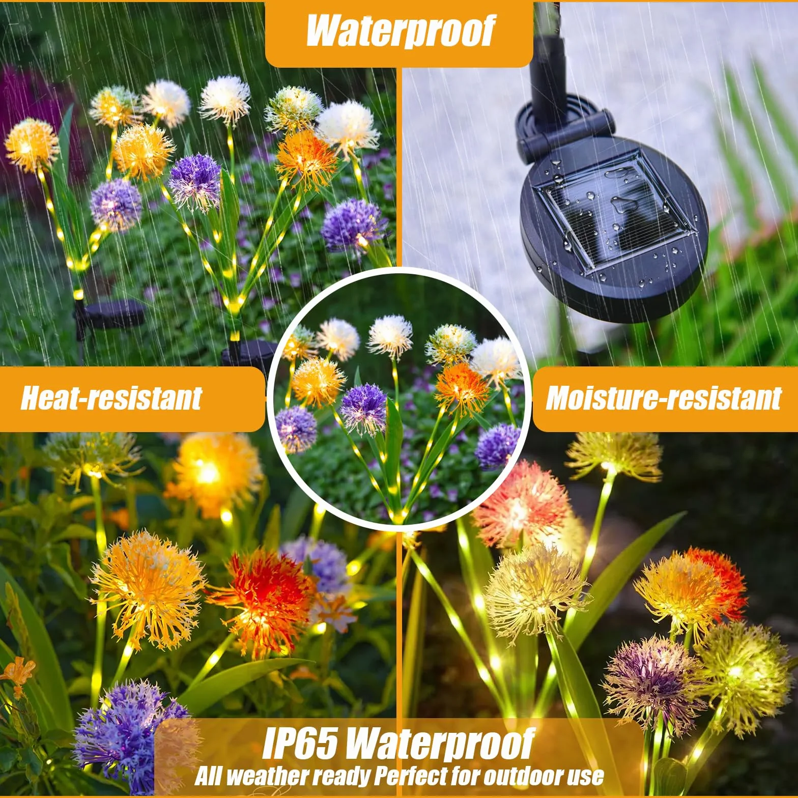 Lampy solarne do ogrodu, 2 sztuki, dmuchawiec, 50 diod LED, dekoracja ogrodowa, 2 tryby pracy, IP65, wodoszczelna lampa solarna w kwiaty, do użytku na zewnątrz, na trawnik, balkon, taras, podwórko,