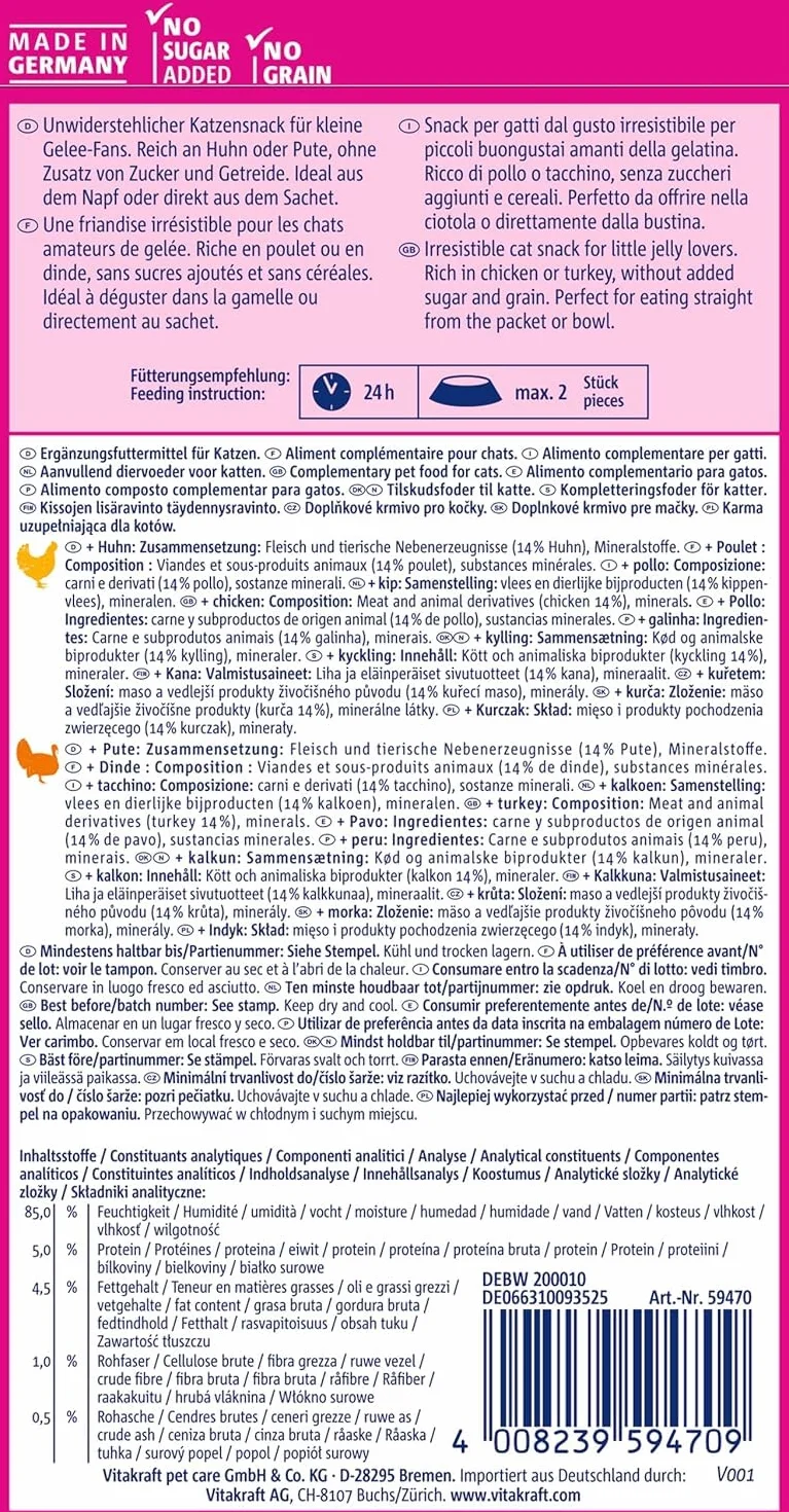 Vitakraft Jelly Lovers, przekąska dla kotów, galaretka do gryzienia, z kurczakiem i indykiem, do rozpieszczania w międzyczasie, bez dodatku cukru i zbóż (1 opakowanie 6 x 15 g)