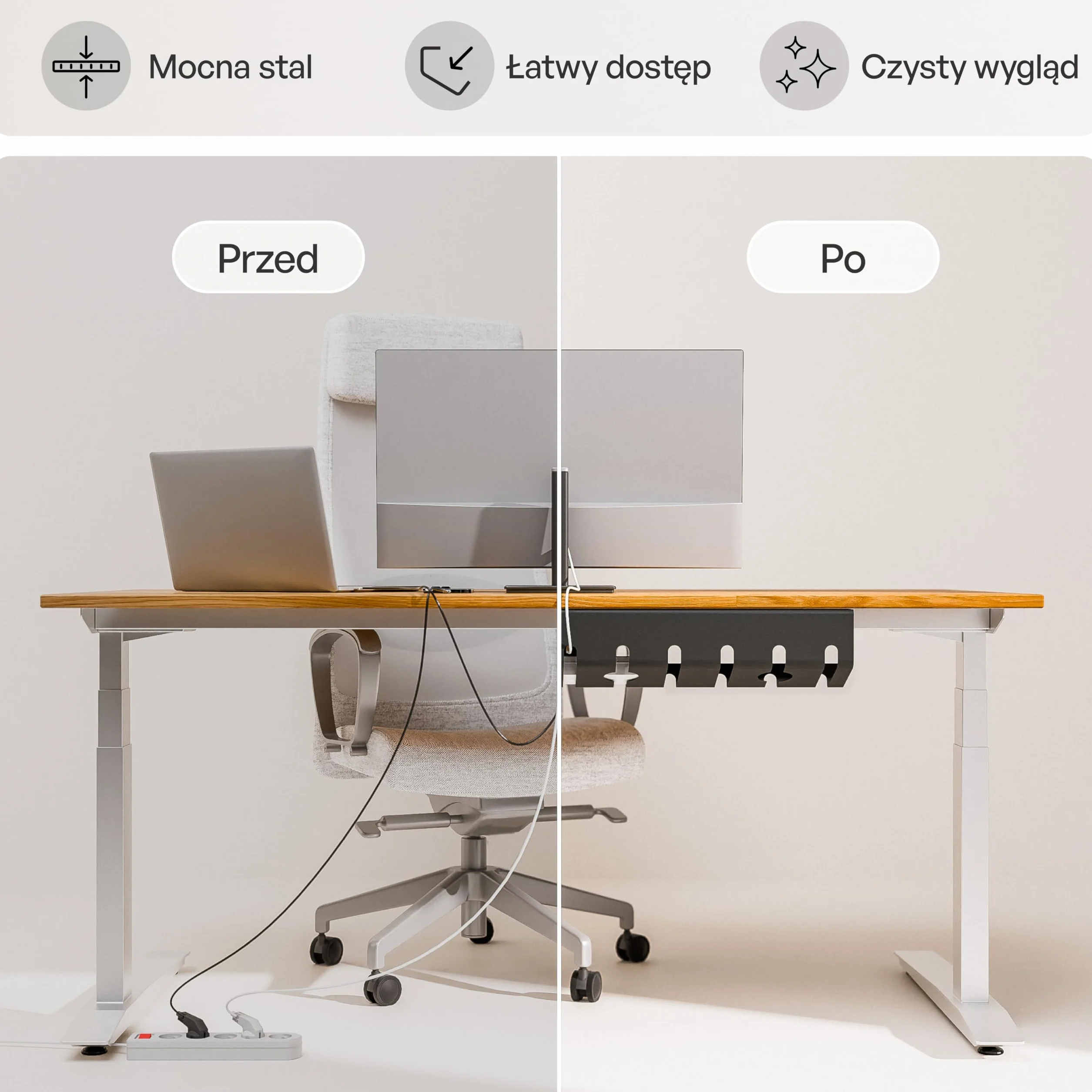 PAMO kanał kablowy na biurko czarny 2 sztuk – 10 opasek kablowych na rzepy i opaski kablowe – montaż śrubami – organizer na biurko do biura i biura domowego