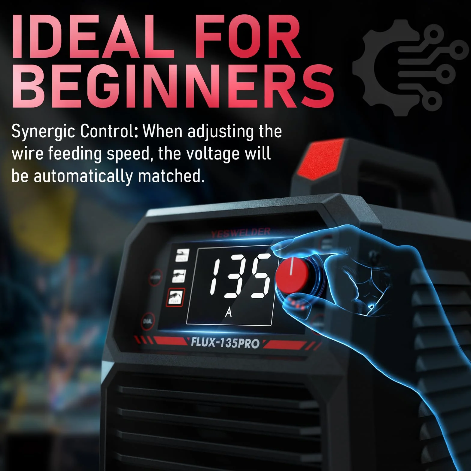 YESWELDER 135Amp MIG Spawarka bez Gazu 230V Rdzeń Topnika Maszyna do Spawania Flux MIG/Lift TIG/Stick 3 w 1 Spawacz Duży Cyfrowy Wyświetlacz LED IGBT Inverter Zgrzewarka