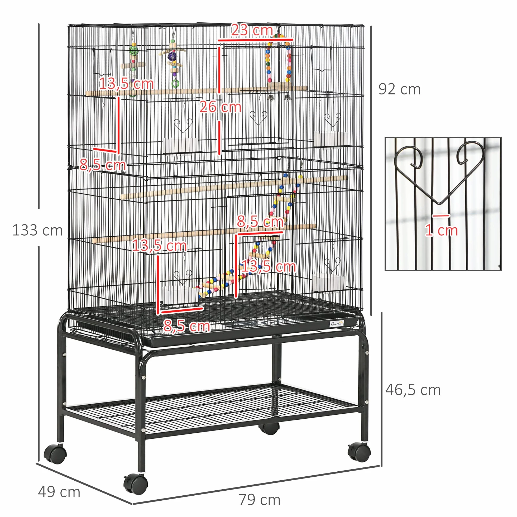 PawHut klatka dla ptaków na kółkach z 4 karmnikami i 3 okonami 79 x 49 x 133 cm czarna