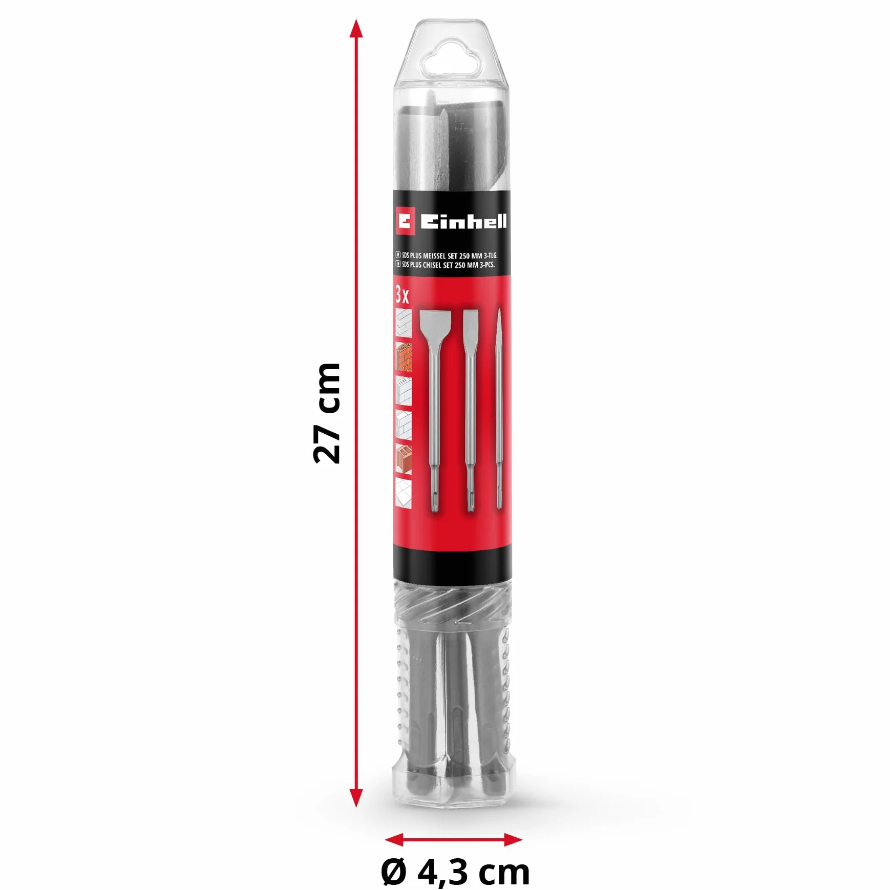 Oryginalny 3-częściowy zestaw dłut Einhell SDS Plus, 250 mm (z dłutem spiczastym, płaskim dłutem o szerokości 20 mm i dłutem widełkowym o szerokości 40 mm, z wytrzymałej stali 40Cr do prac
