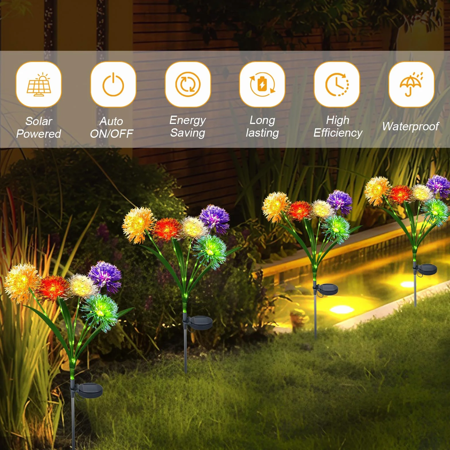 Lampy solarne do ogrodu, 2 sztuki, dmuchawiec, 50 diod LED, dekoracja ogrodowa, 2 tryby pracy, IP65, wodoszczelna lampa solarna w kwiaty, do użytku na zewnątrz, na trawnik, balkon, taras, podwórko,