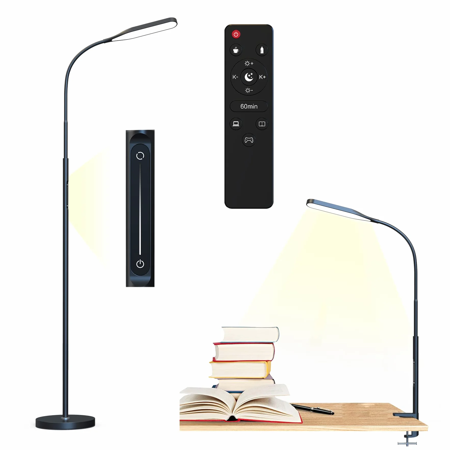 Ściemnialna lampa podłogowa LED z 3 zastosowaniami jako lampa biurkowa / lampa podłogowa / lampa architektowa z klipsem