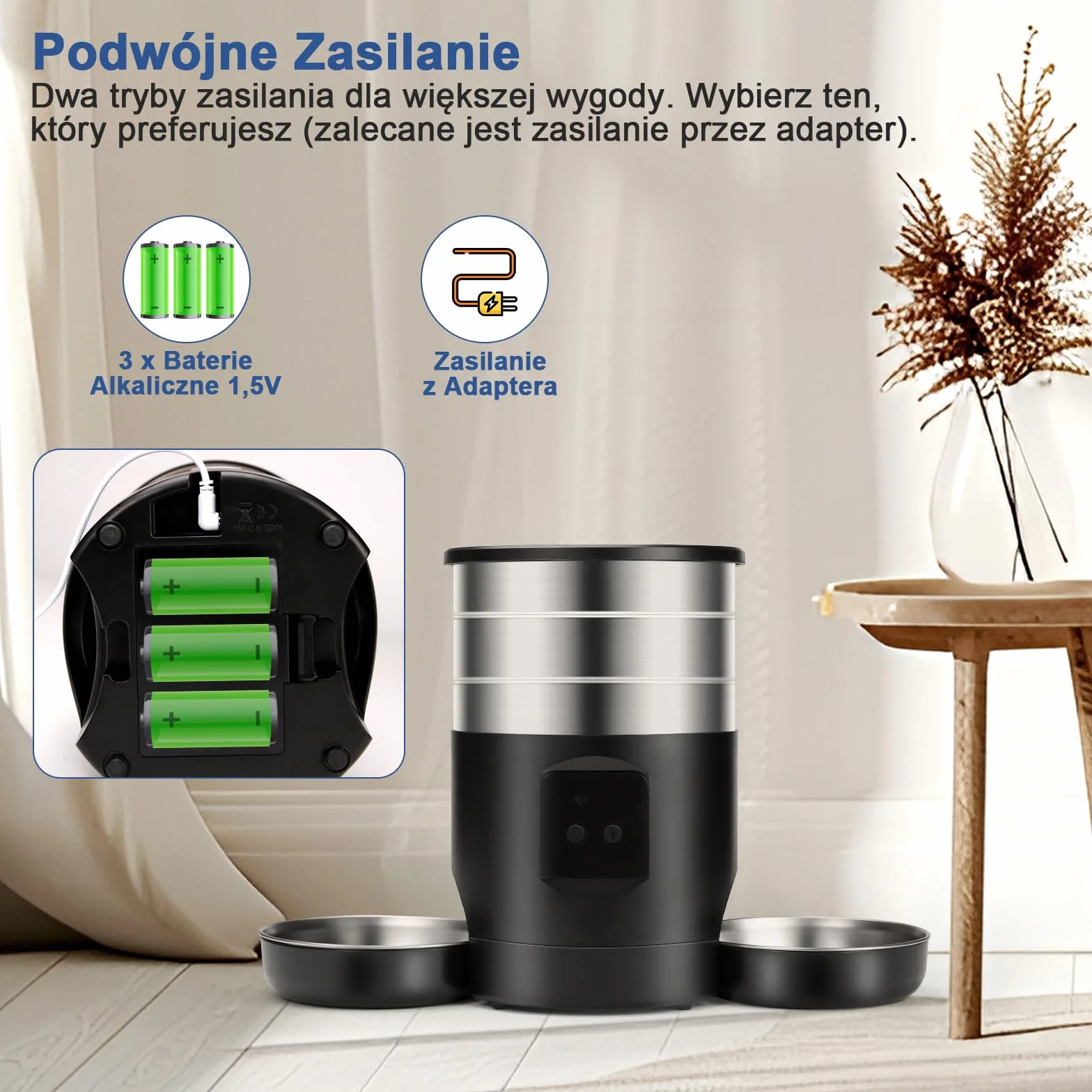 5L Automatyczny Dozownik Karmy Dla Kotów z Podwójnymi Miskami, 2.4G WiFi Zapobiegający Zatorom 1-40 Porcji Spersonalizowane Karmienie 24-Godzinna Rezerwacja, Automatyczny Dozownik Dla Psów i Kotów