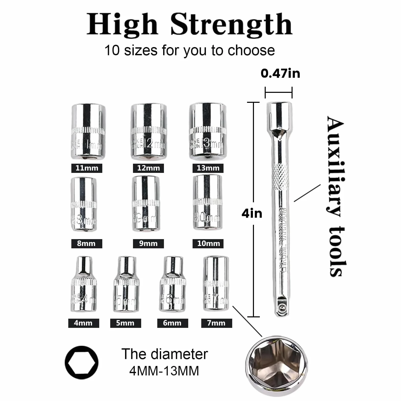 EGOFINE 12 x klucz grzechotkowy 1/4", 10 nasadek 4-13 mm, 2-drożny uchwyt z grzechotką i drążkiem przedłużającym