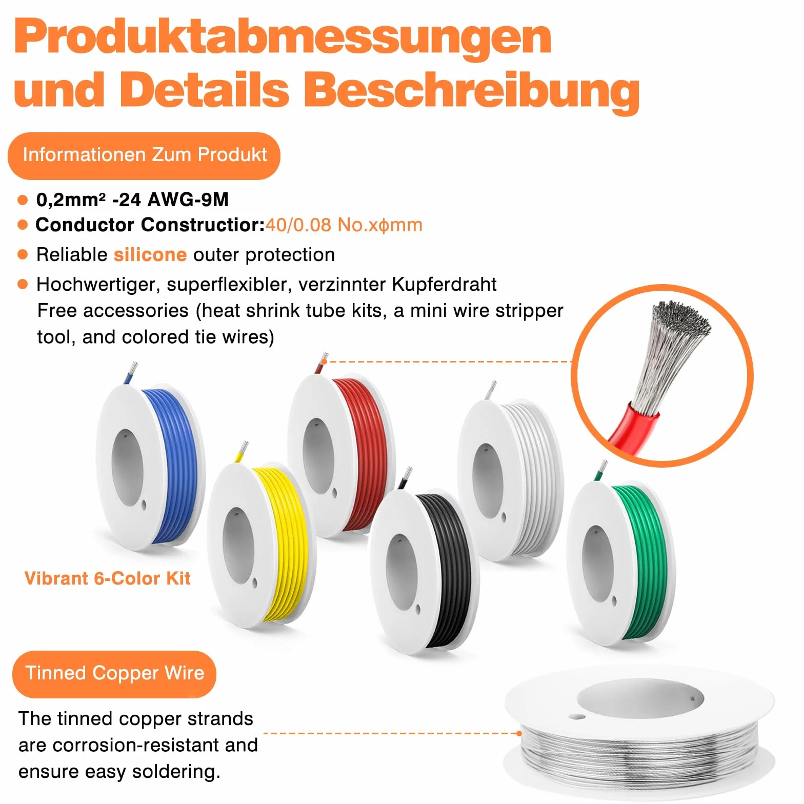 0,2 mm² silikonowy kabel elektryczny 24 AWG ocynkowana szpula drutu miedzianego, 6 kolorów, 9 metrów na kabel, drut litzowy, elastyczny i miękki, idealny do zastosowań elektrycznych