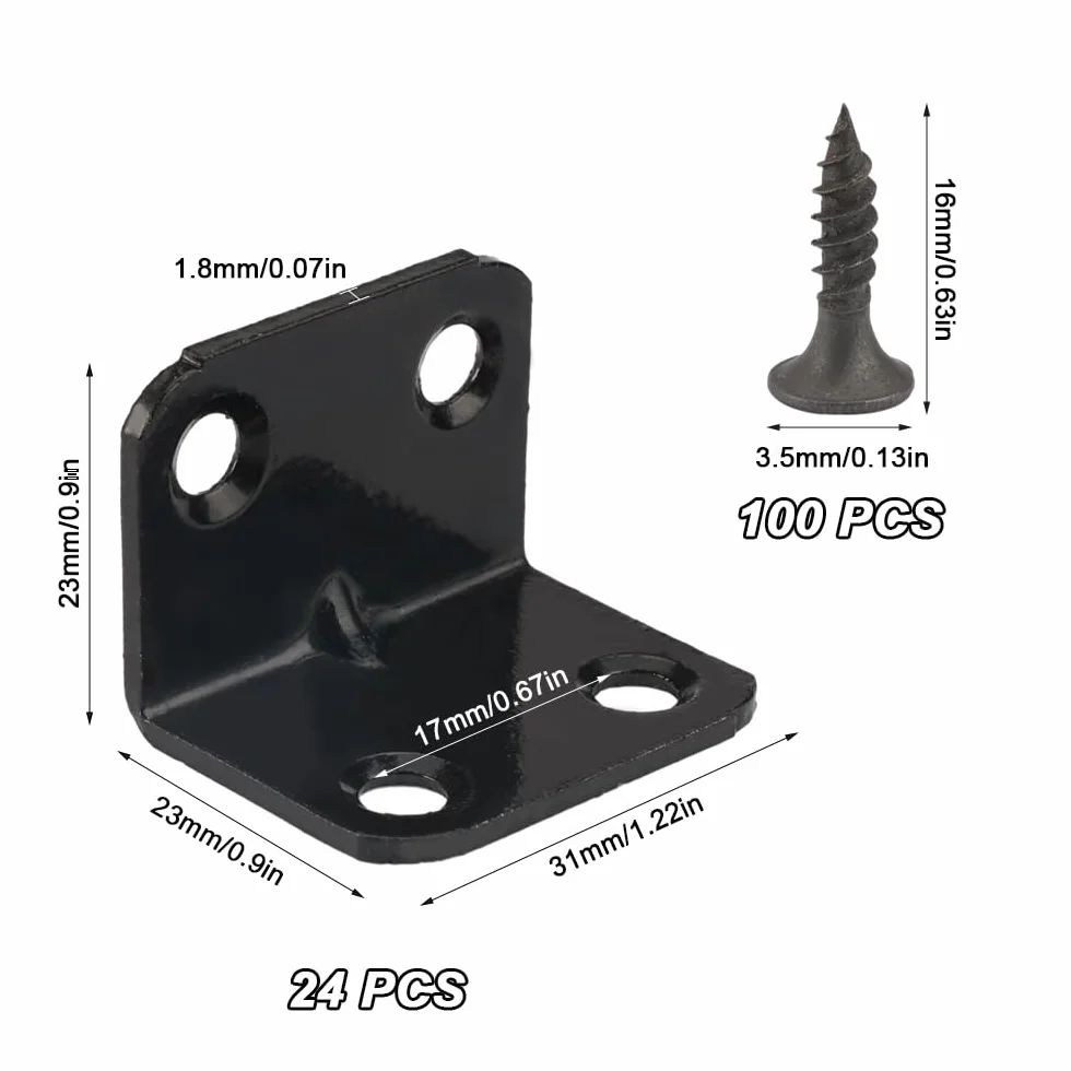 Wspornik kątowy ze stali nierdzewnej 30×30×16 mm 24 sztuki z 100 śrubami czarny