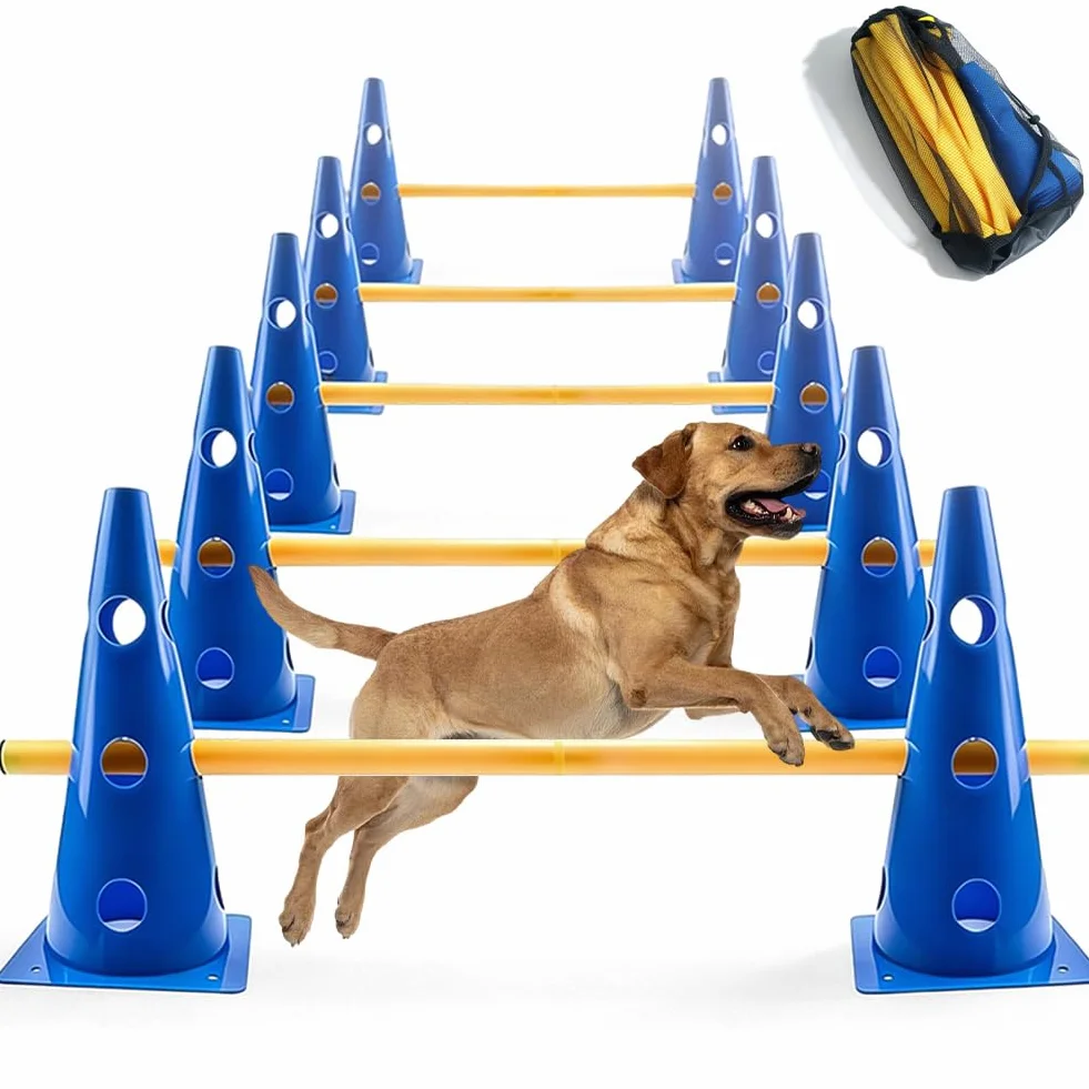 Agility zestaw małych psów Cavaletti dla psa, akcesoria hobby, akcesoria treningowe do piłki nożnej, pomoc edukacyjna - wysokość 23 cm, 10 stożków, 5 drążków, worek siatkowy