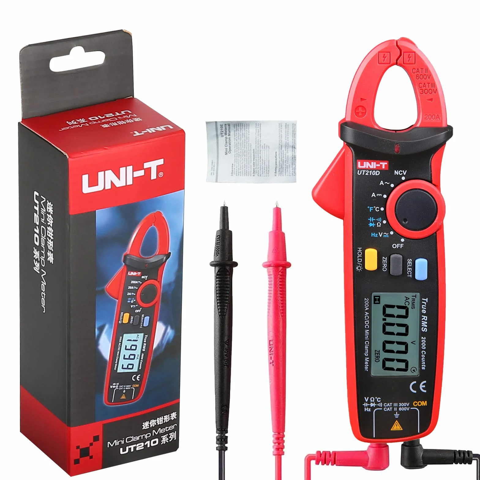 UNI-T UT210D cyfrowy mini miernik szczypcy 200 A AC DC prąd True RMS szczypce amperomierz, częstotliwość, miernik temperatury, multimetr z zaciskiem krokodylkowym