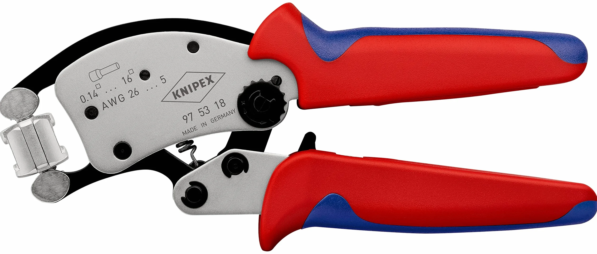 KNIPEX Twistor16 Samonastawne szczypce do zagniatania tulejek kablowych z głowicą obrotową w blister chromowany z osłonkami, 97 53 18 SB