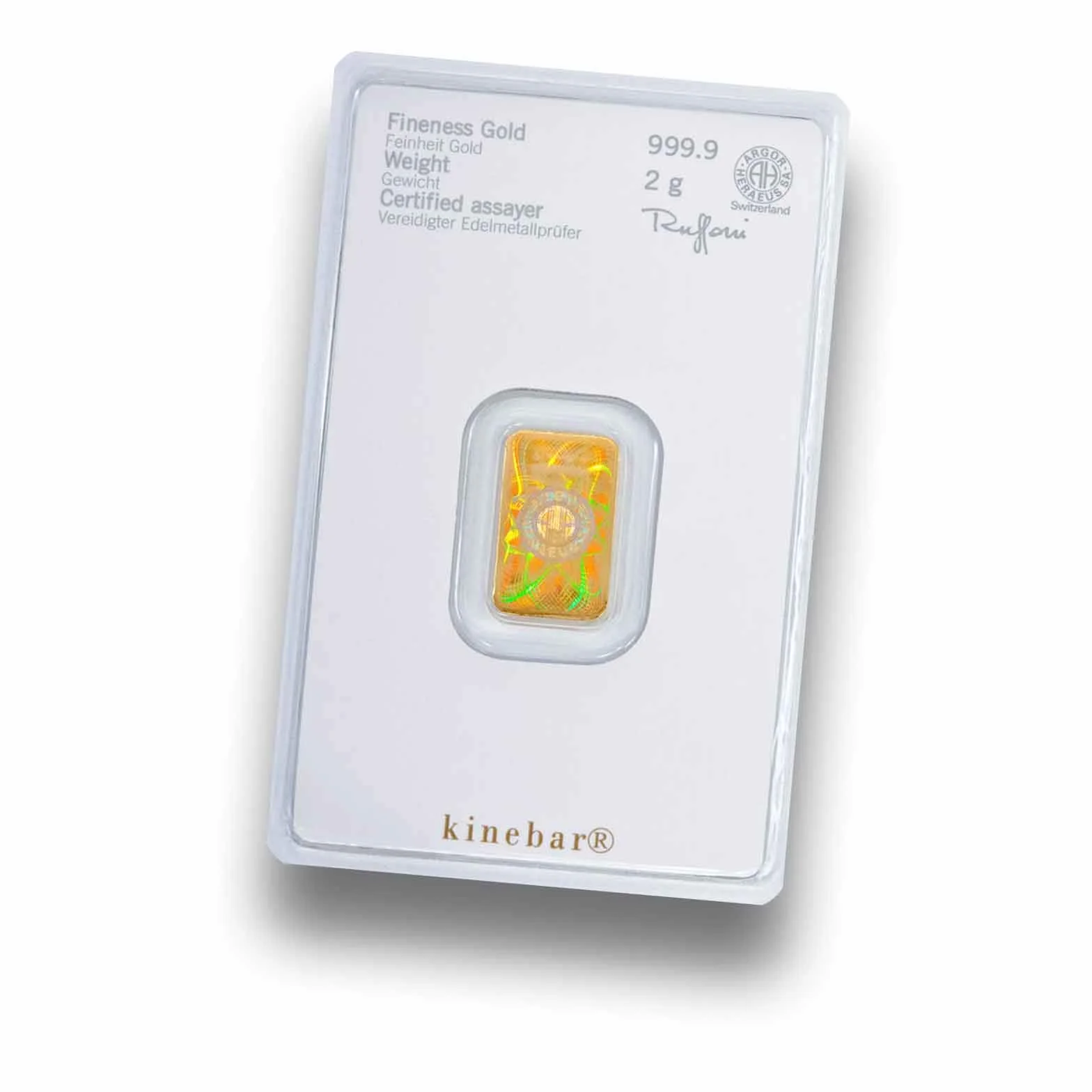 Heraeus sztabka złota o wadze 2 g, certyfikat LBMA