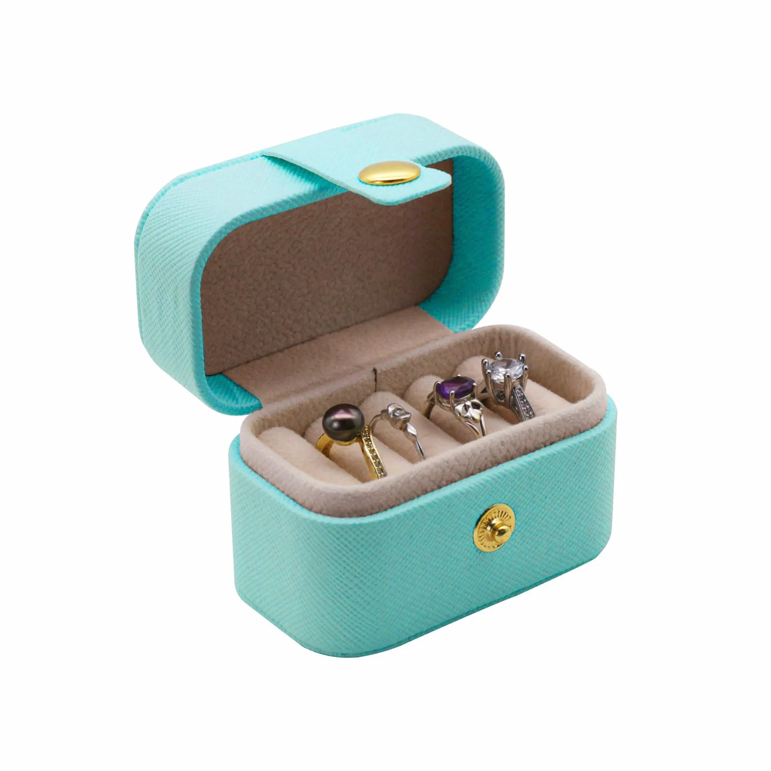 AfitLulu Mini szkatułka na pierścionek, do przechowywania, skóra PU, z 4 otworami na pierścienie, przenośna szkatułka na pierścionki, do podróży, podróży służbowych (niebieskie)