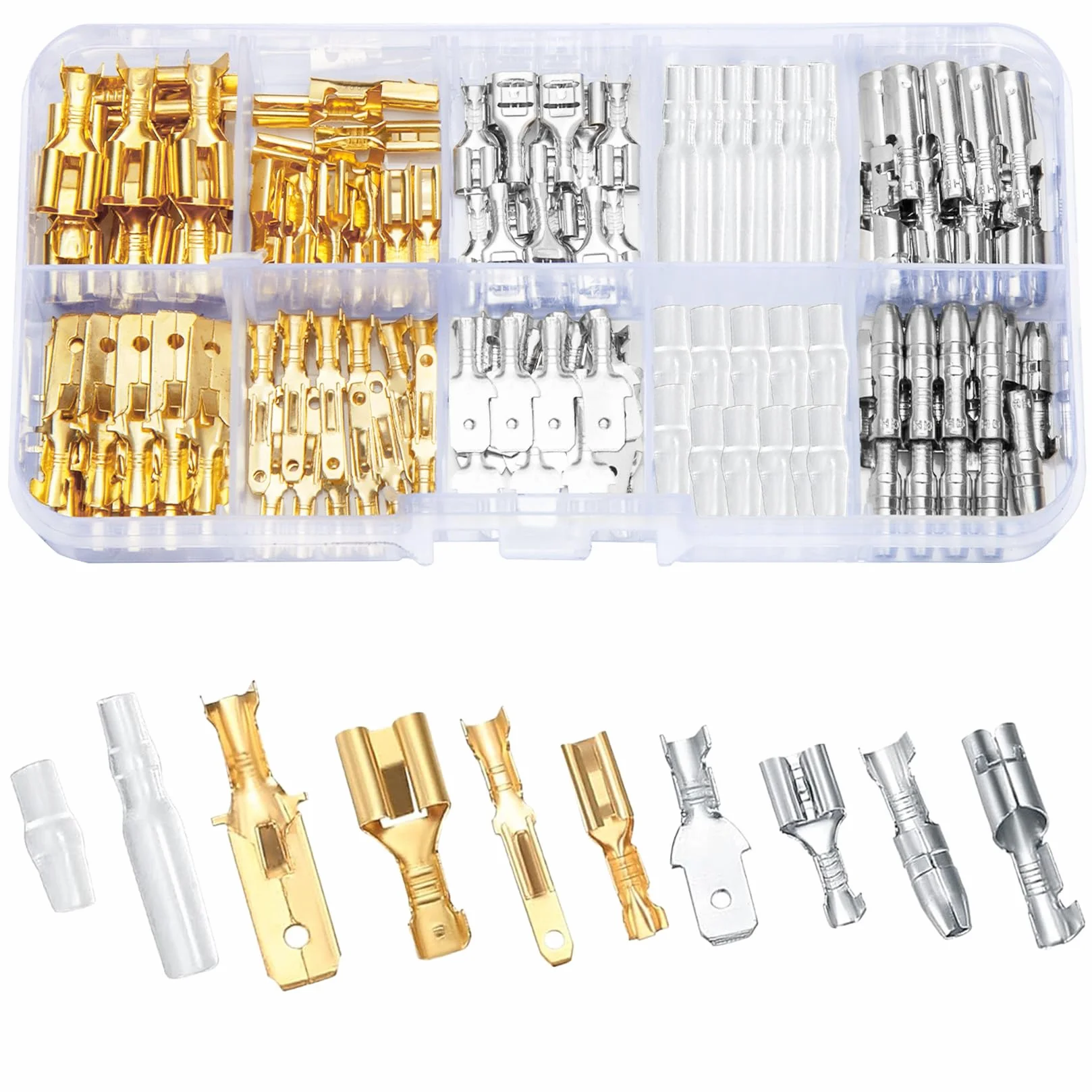 Vwoqiy 150 szt. męskich żeńskich złączy widełkowych, 2,8 mm, 3,2 mm, 4,8 mm, 6,3 mm, bloki zaciskowe drutu, złącza widełkowe z tuleją izolacyjną (dwukolorowe 150)