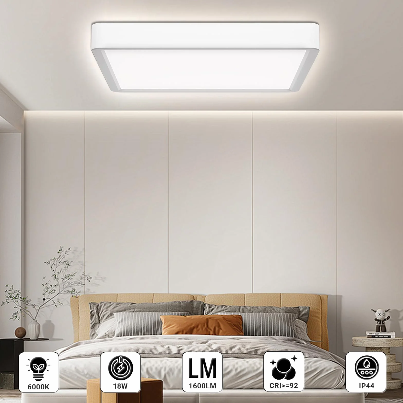 LQWELL® Lampa Sufitowa LED, IP44 Wodoodporna Lampa Łazienkowa Kwadratowa Płaska 18W 6000K 1600 Lm Cienka Do Salonu Łazienka Sypialnia Kuchnia PrzedpokÓJ Piwnica Biuro, 220 * 24 Mm