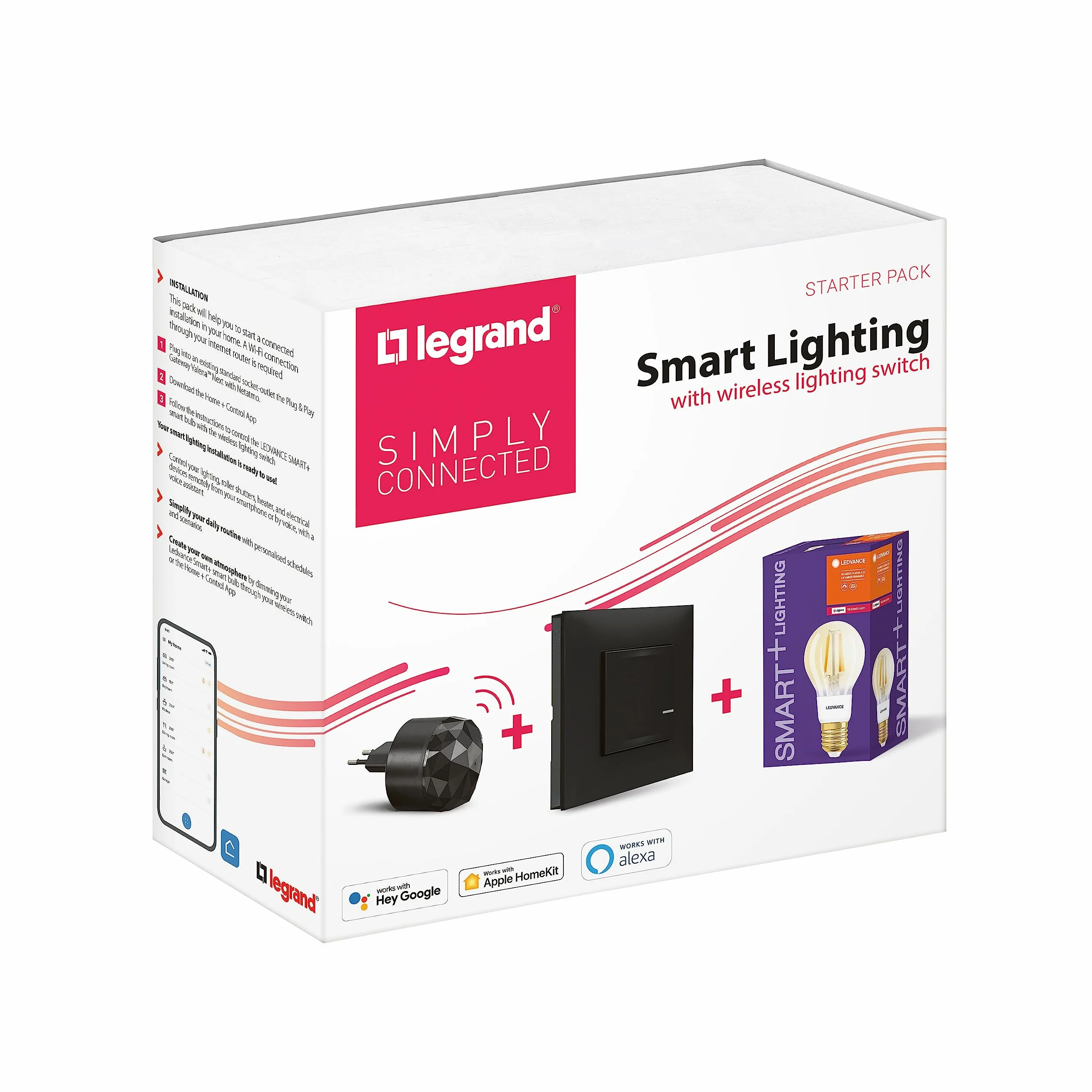 Legrand Valena Next Netatmo Pakiet startowy Gateway Plug Bezprzewodowe polecenia oświetleniowe Inteligentna żarówka Vintage E27 Czarny