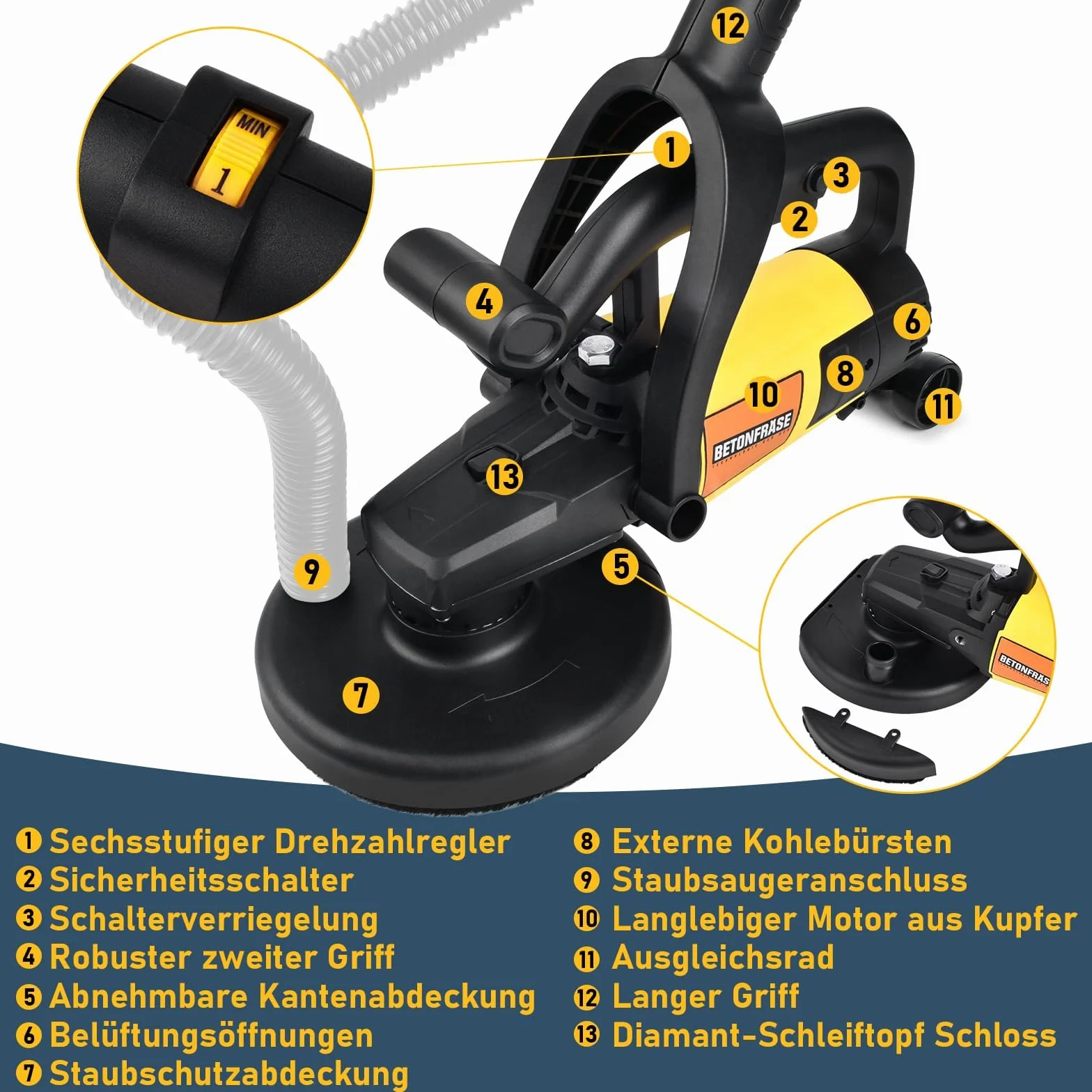 Frezarka do betonu 3800 W z diamentową głowicą szlifierską 180 mm, okapem odsysającym, 6 biegów, 6000 obr./min